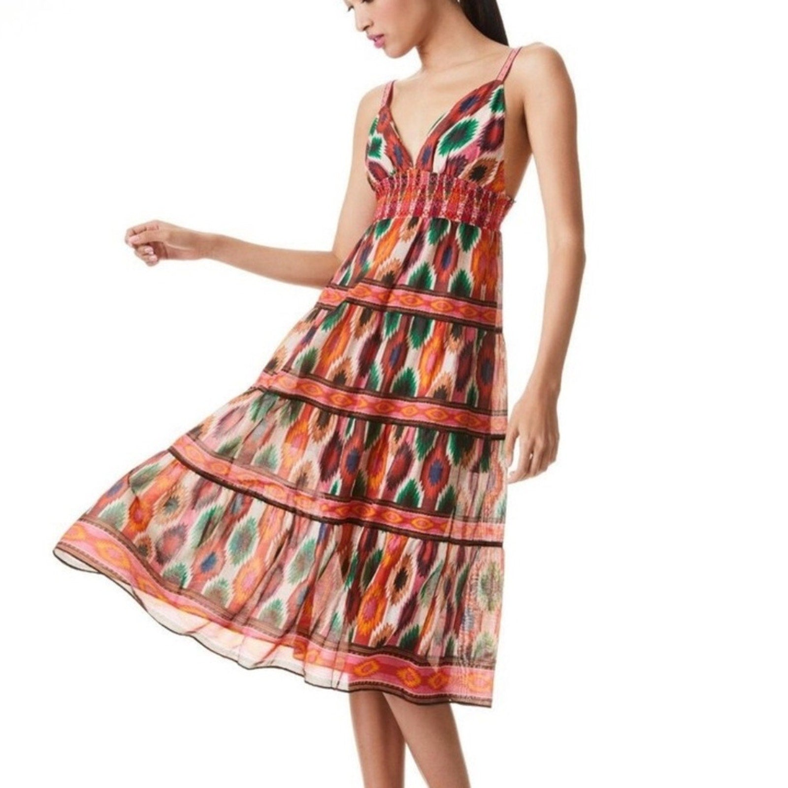 Alice + Olivia Santina Midi Dress V-neck Strap Tiered Cotton Silk - size XS