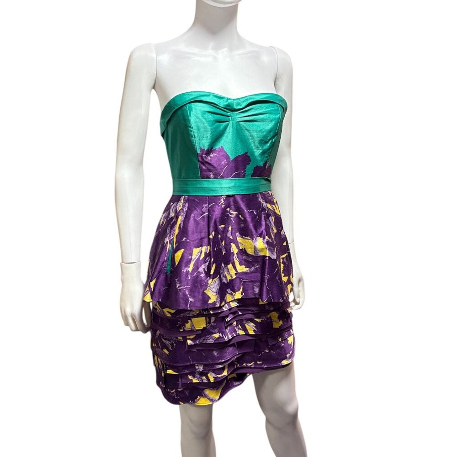 BCBG Maxazria Ultraviolet Strapless Tiered Peplum Watercolor Dress - 6