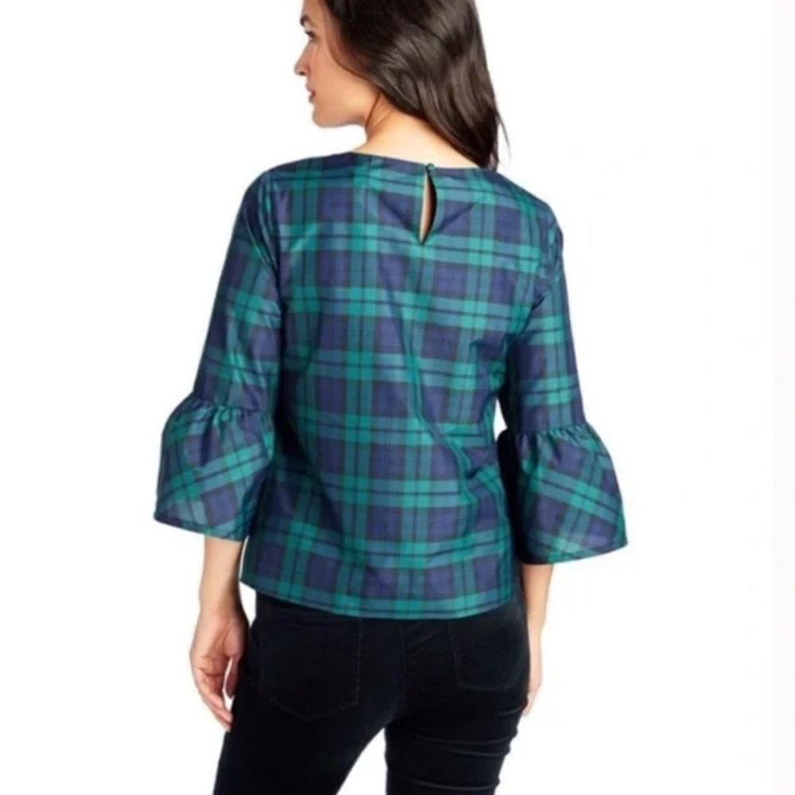EUC Vineyard Vines Plaid Blouse Bell Sleeve Navy/Green - size 4
