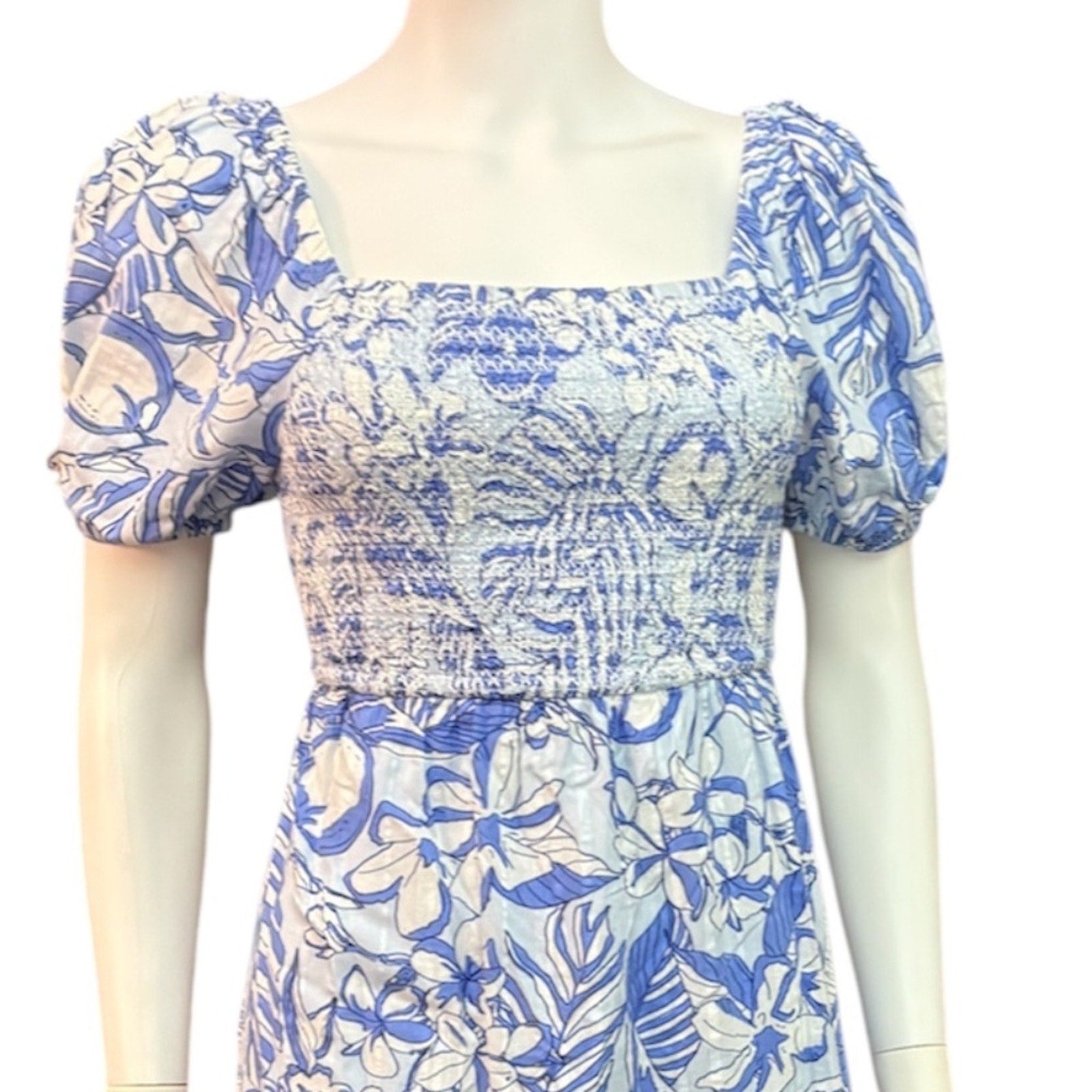 Vineyard Vines Blue White Smocked Puff Sleeve Midi Dress Open Back Size XS