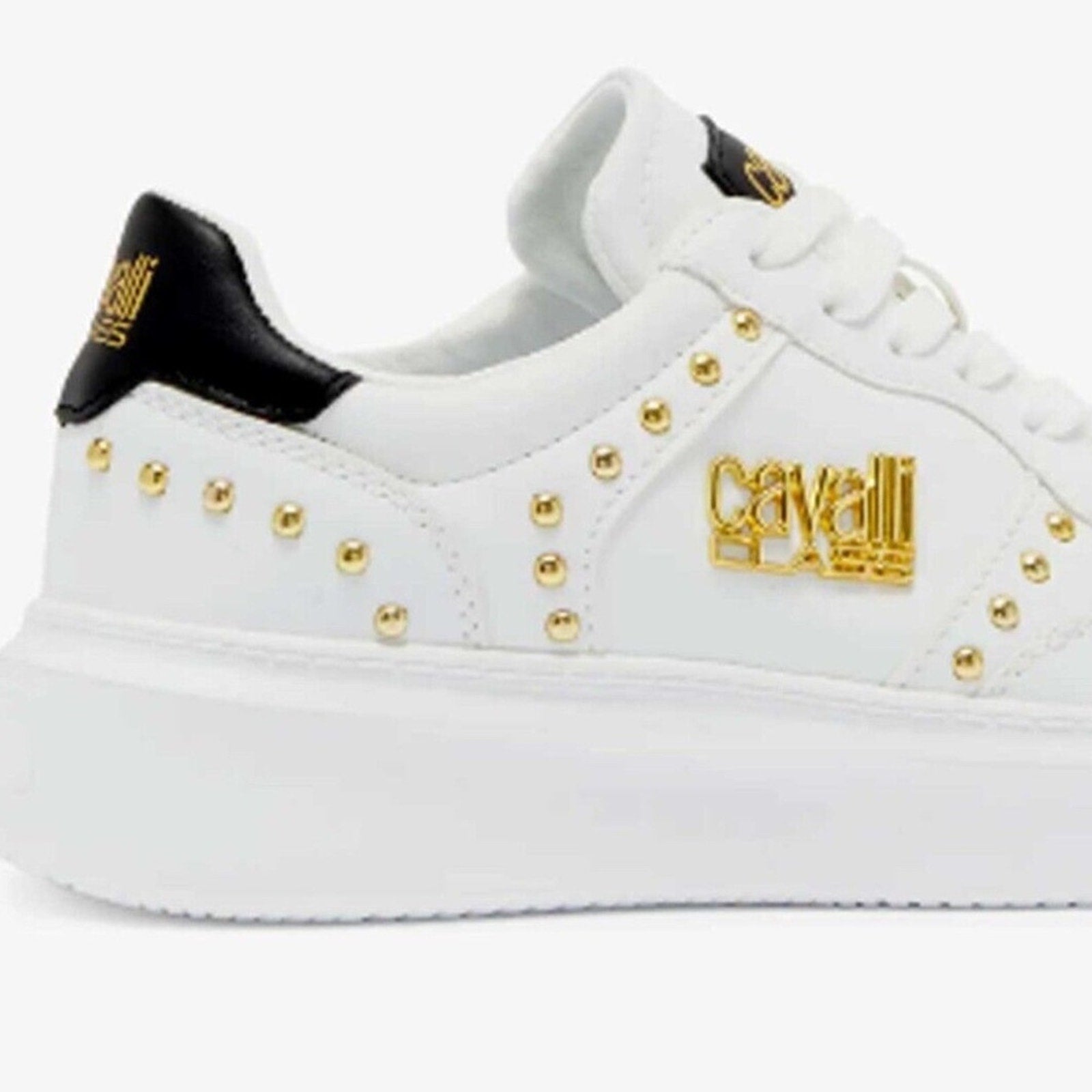 NEW Roberto Cavalli Studded Sneakers White Leather Tennis Athletic Shoes - sz 39