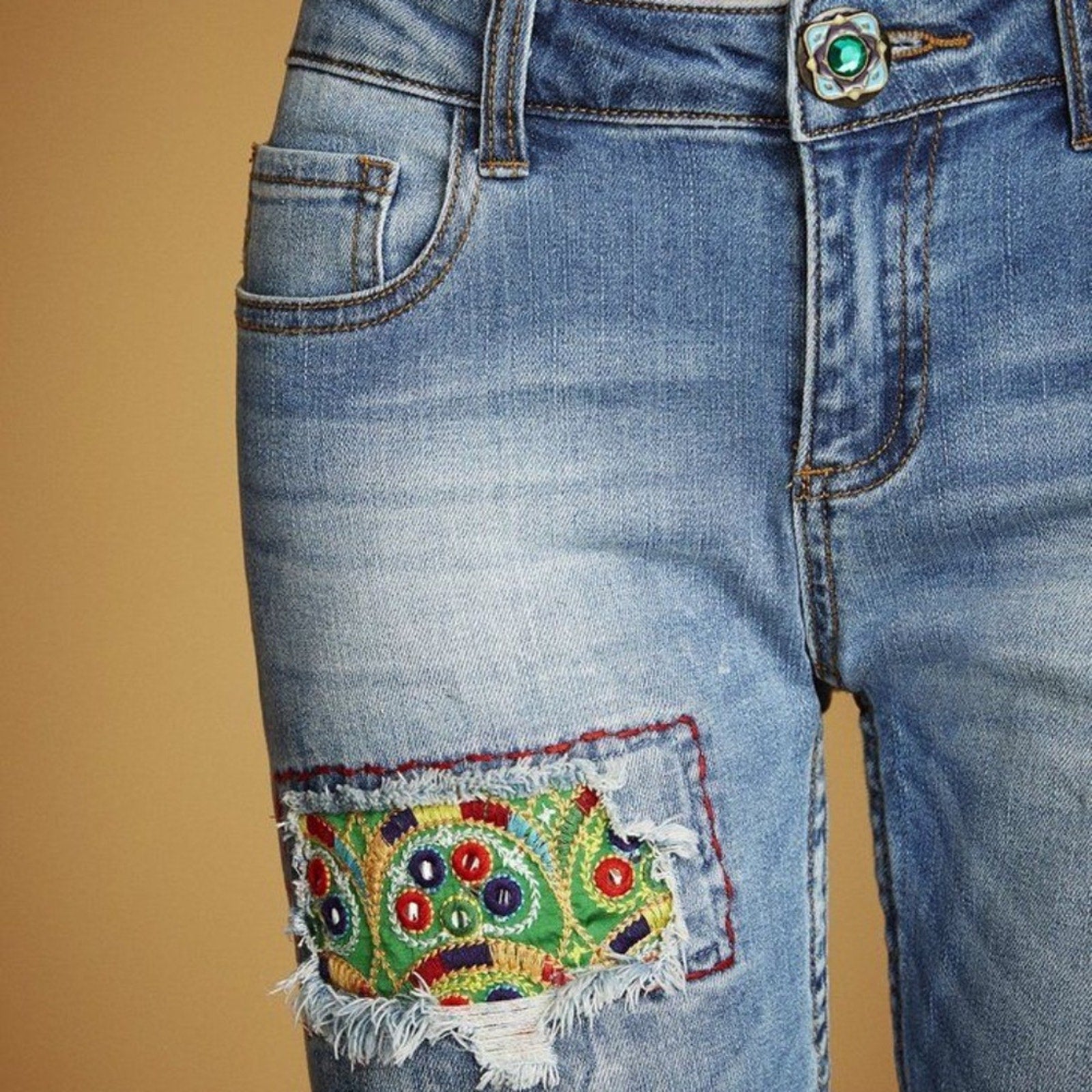 Desigual Blue Ankle Cropped Jeans with Distressed Patches - size 34