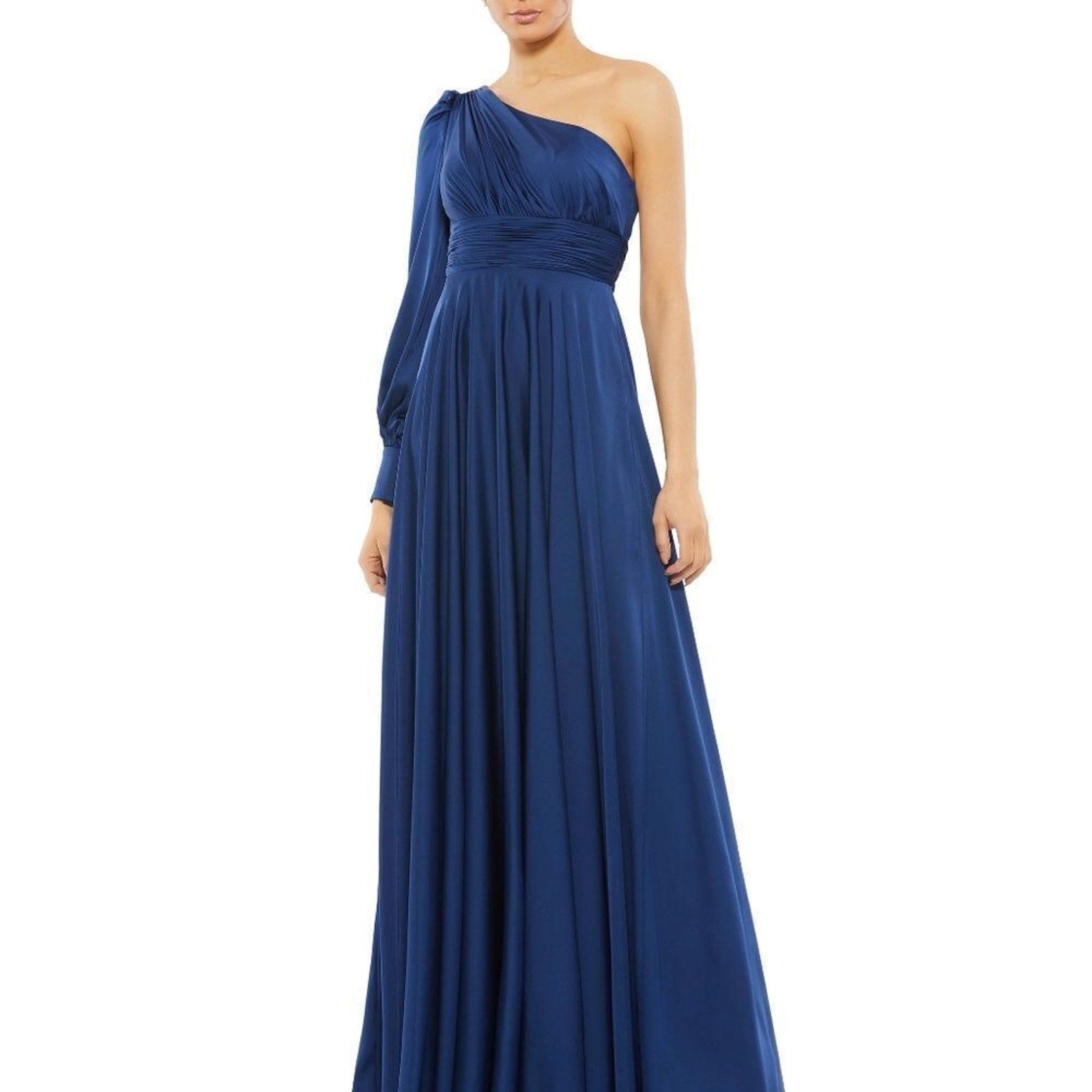 NWT Mac Duggal Midnight Blue One-Shoulder Long Sleeve Satin Gown 67866 - size 8