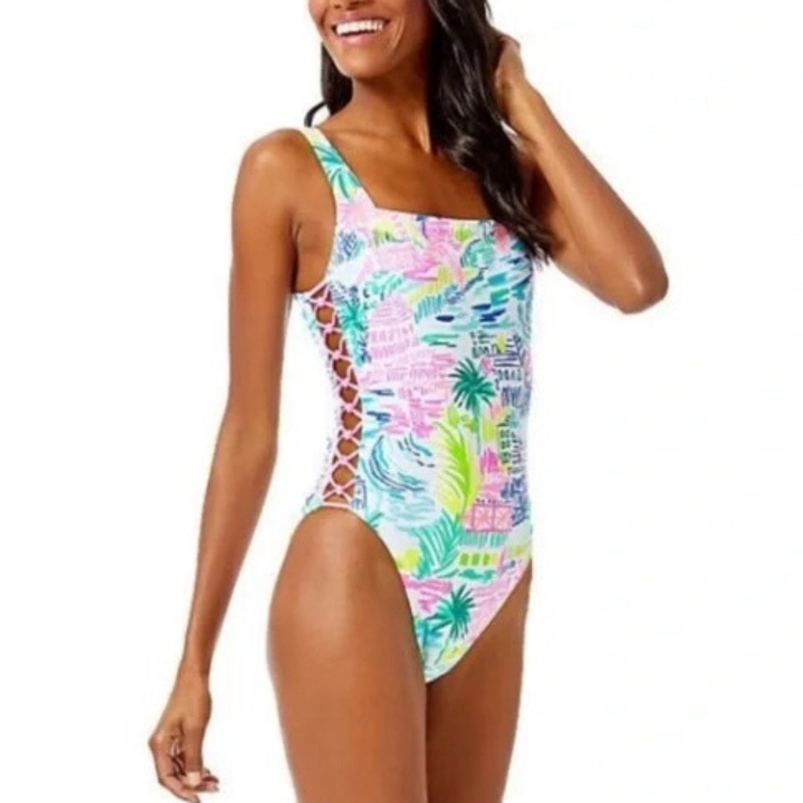 LILLY PULITZER multi Private Island square neck Morri one-piece - size 10