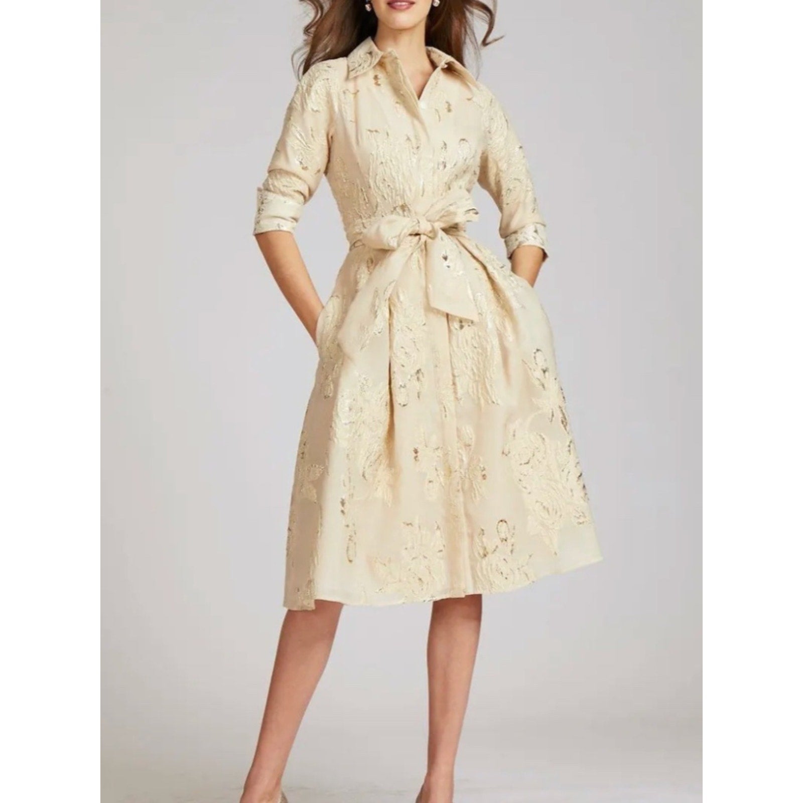 NWT Teri Jon Metallic Jacquard Shirt Dress with Floral Print -4 🌟