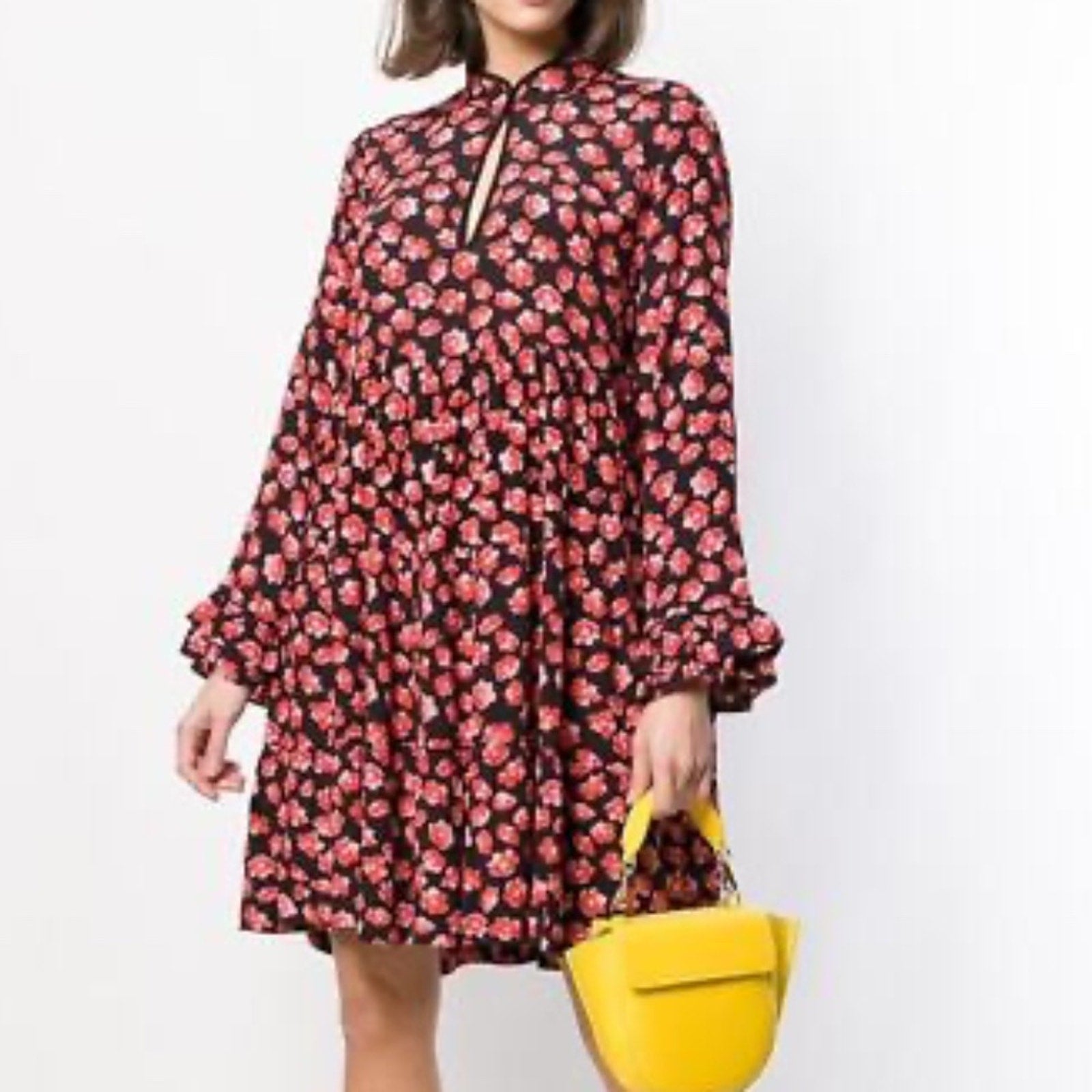 Ganni S Lindale Red Floral Crepe Mini Dress - size 34