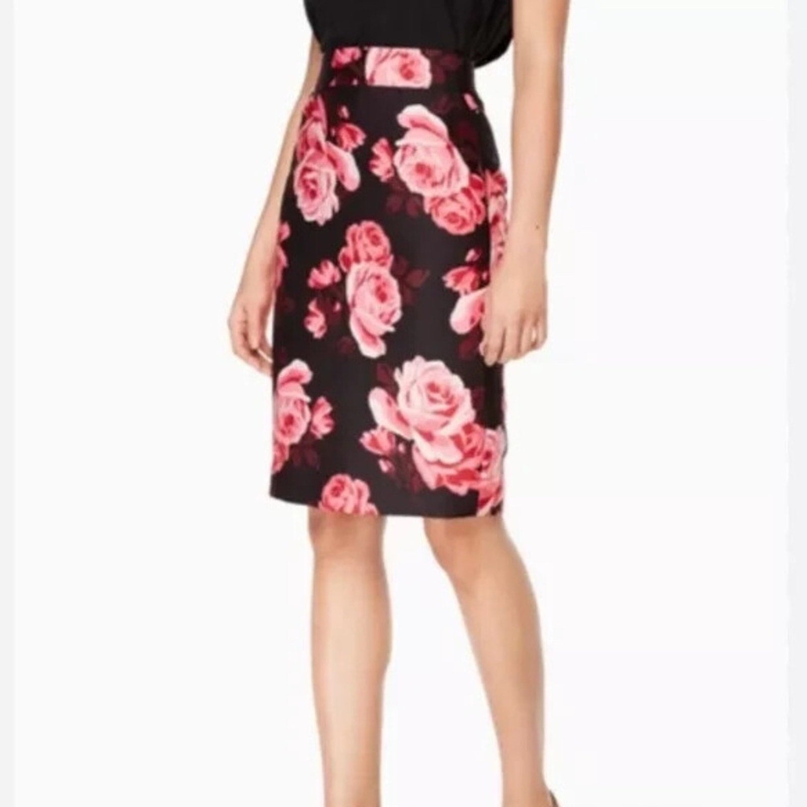 Kate Spade Black Pink Rose Floral Knee Length Pencil Skirt - size 0