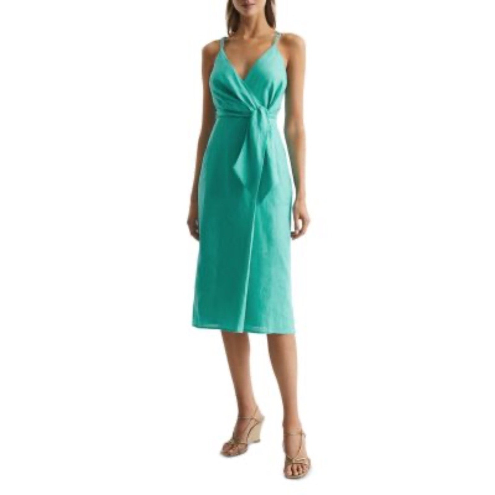 REISS Esme Linen Side Tie Midi Dress - size 8