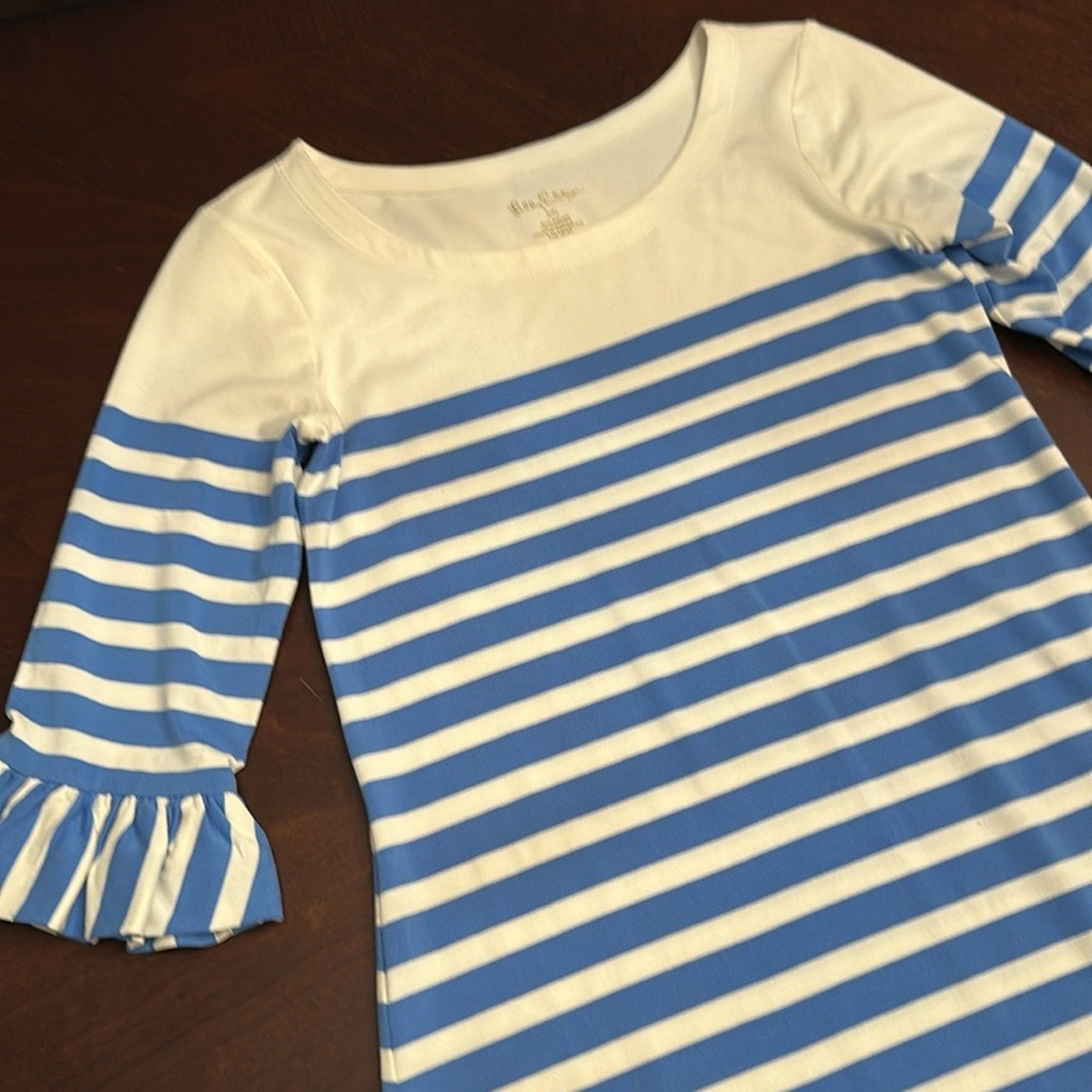 Lilly Pulitzer Sophie Blue Striped Ruffle Bell Sleeve Knit Dress - size XS