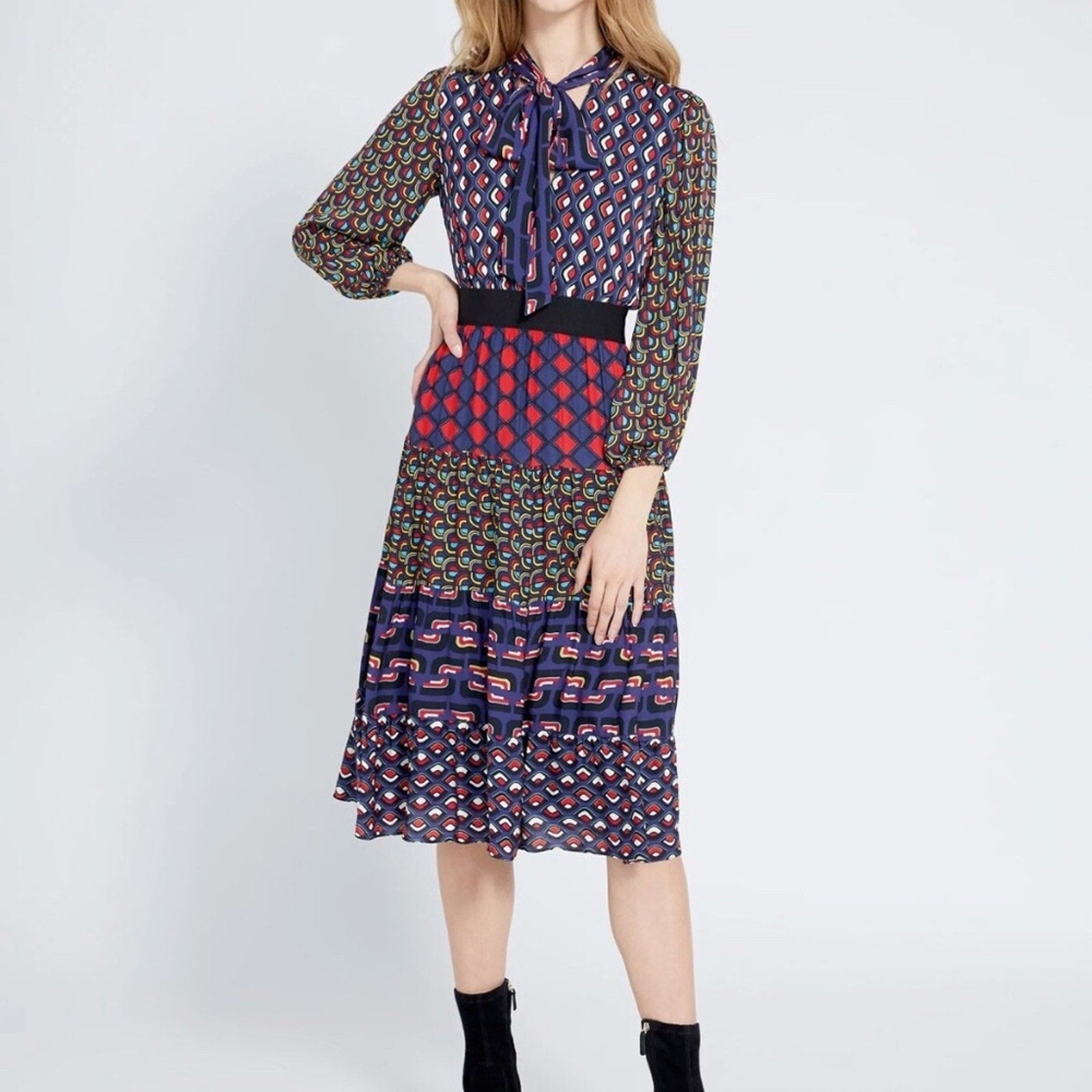 Alice + Olivia Karolina Paneled Blouson-Sleeve Midi Dress - size 2