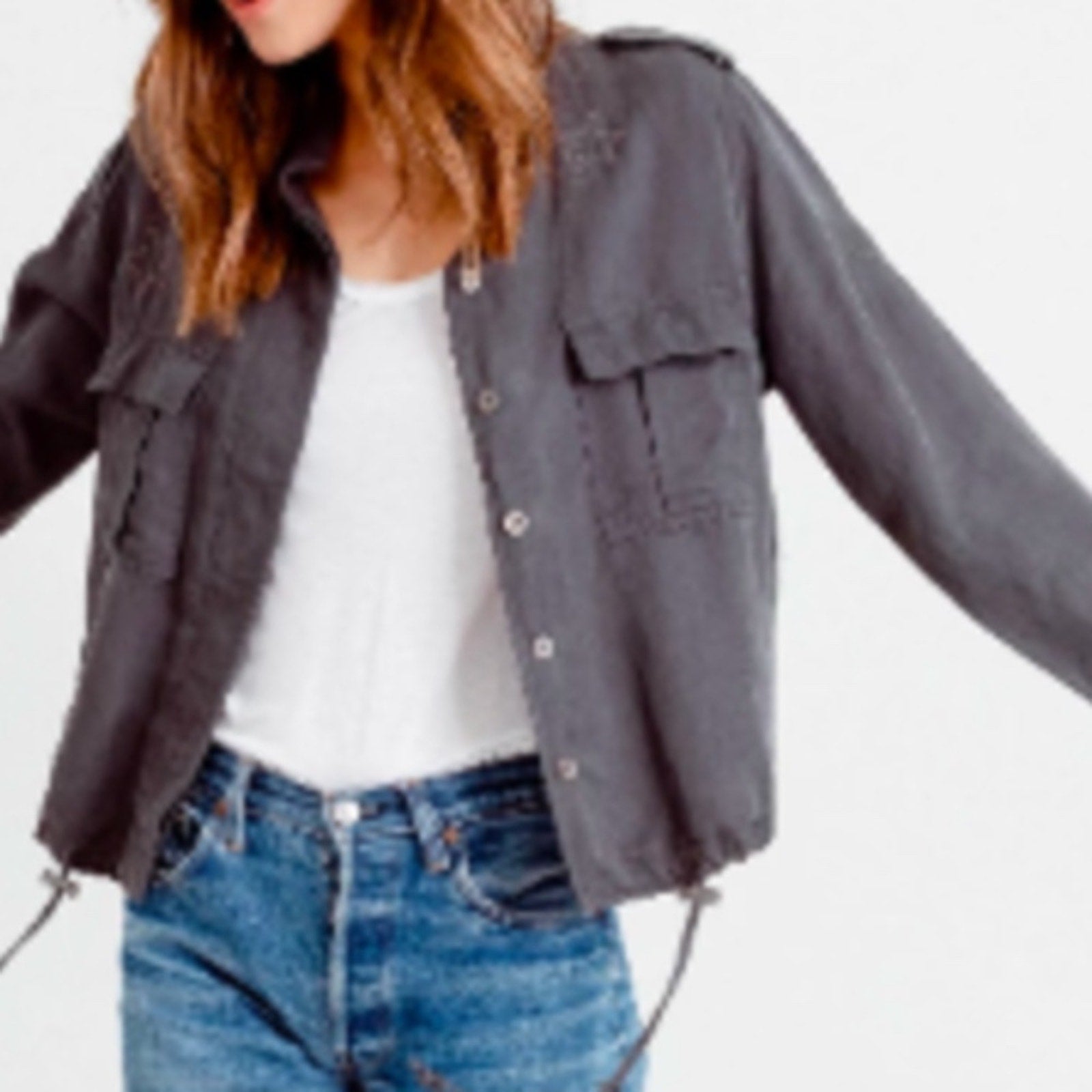 Rails Rowen Linen Blend Star Embroidery Jacket in Dark Gray - size M