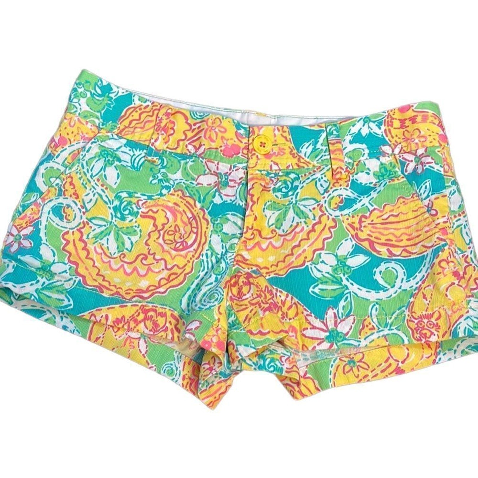 Lilly Pulitzer Walsh Pop Goes The Lemur Yellow Turquoise Paisley Shorts Size 2