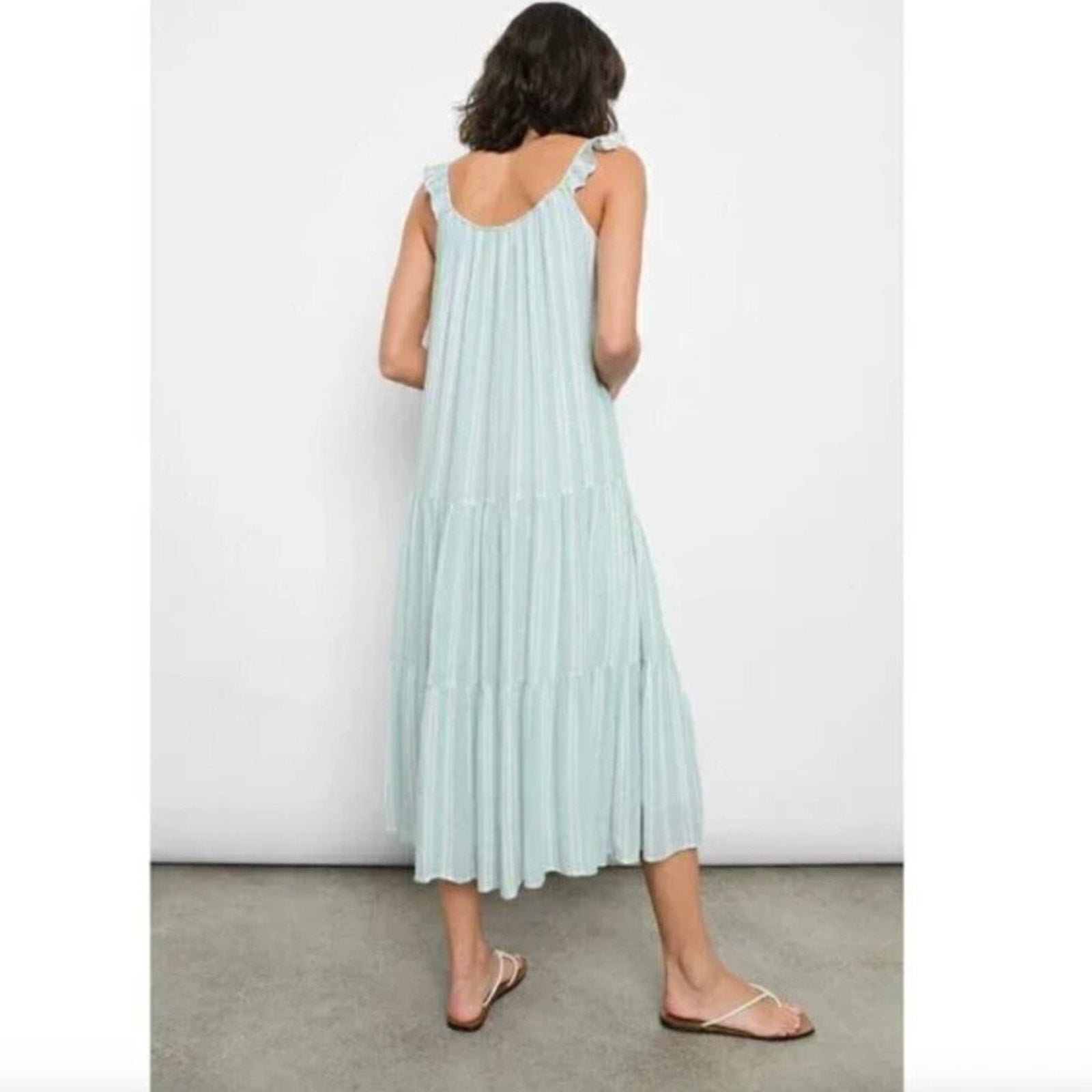 Rails Dress Capri Linen Small Green White Striped Tiered Sleeveless - S