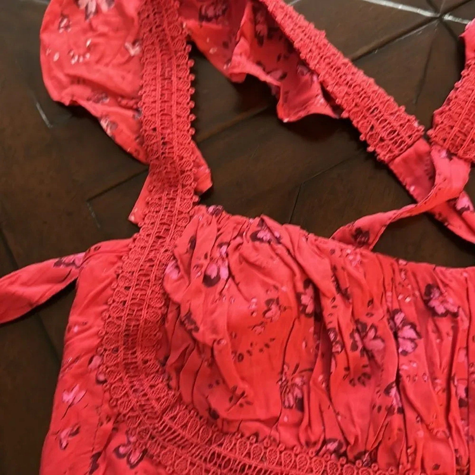 NEW Free People Bijou Crop Top in Cherry Combo Red Smocked - size 10