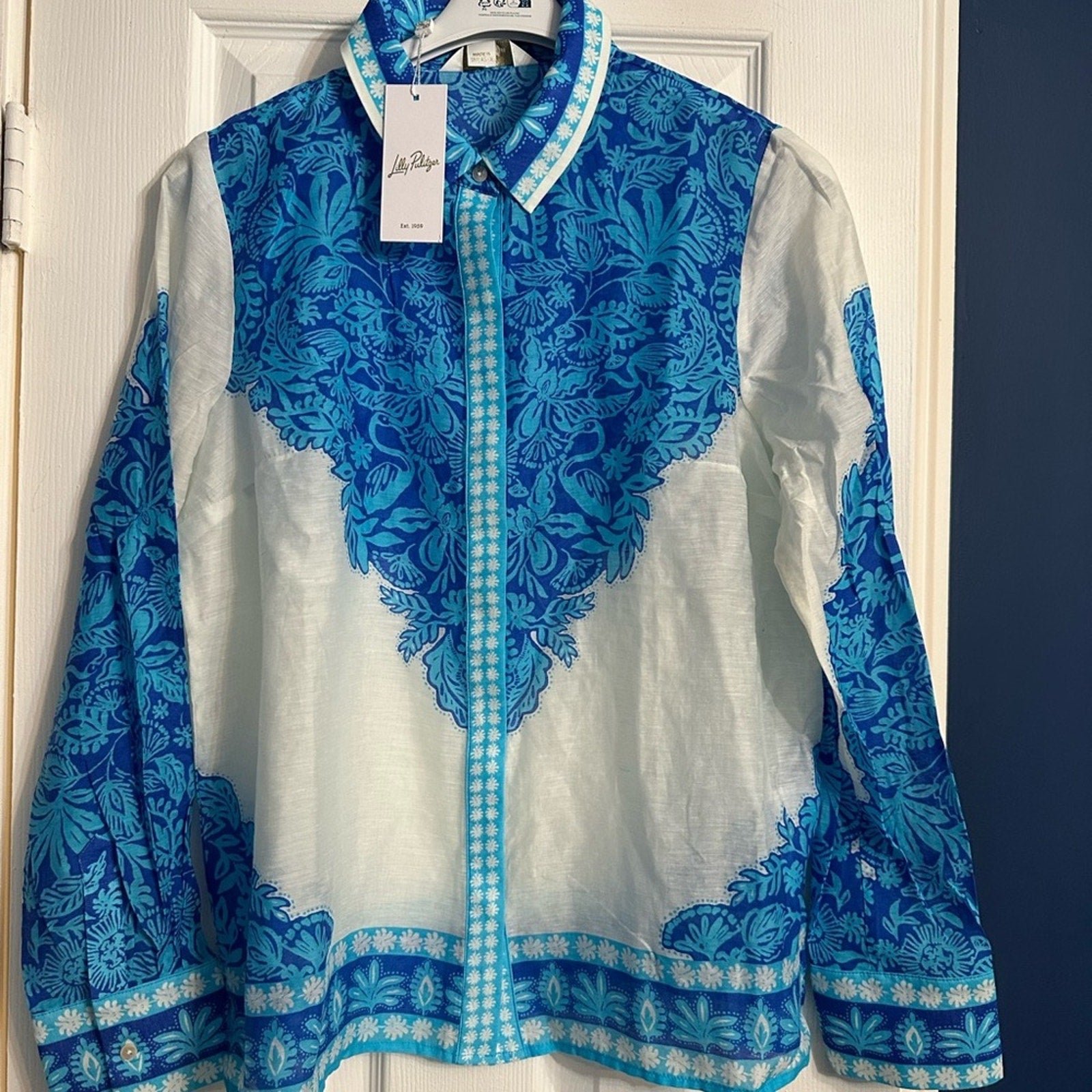 NEW Lilly Pulitzer Kiran Button Down Top Breezy Aqua Jungle Escape Engineer