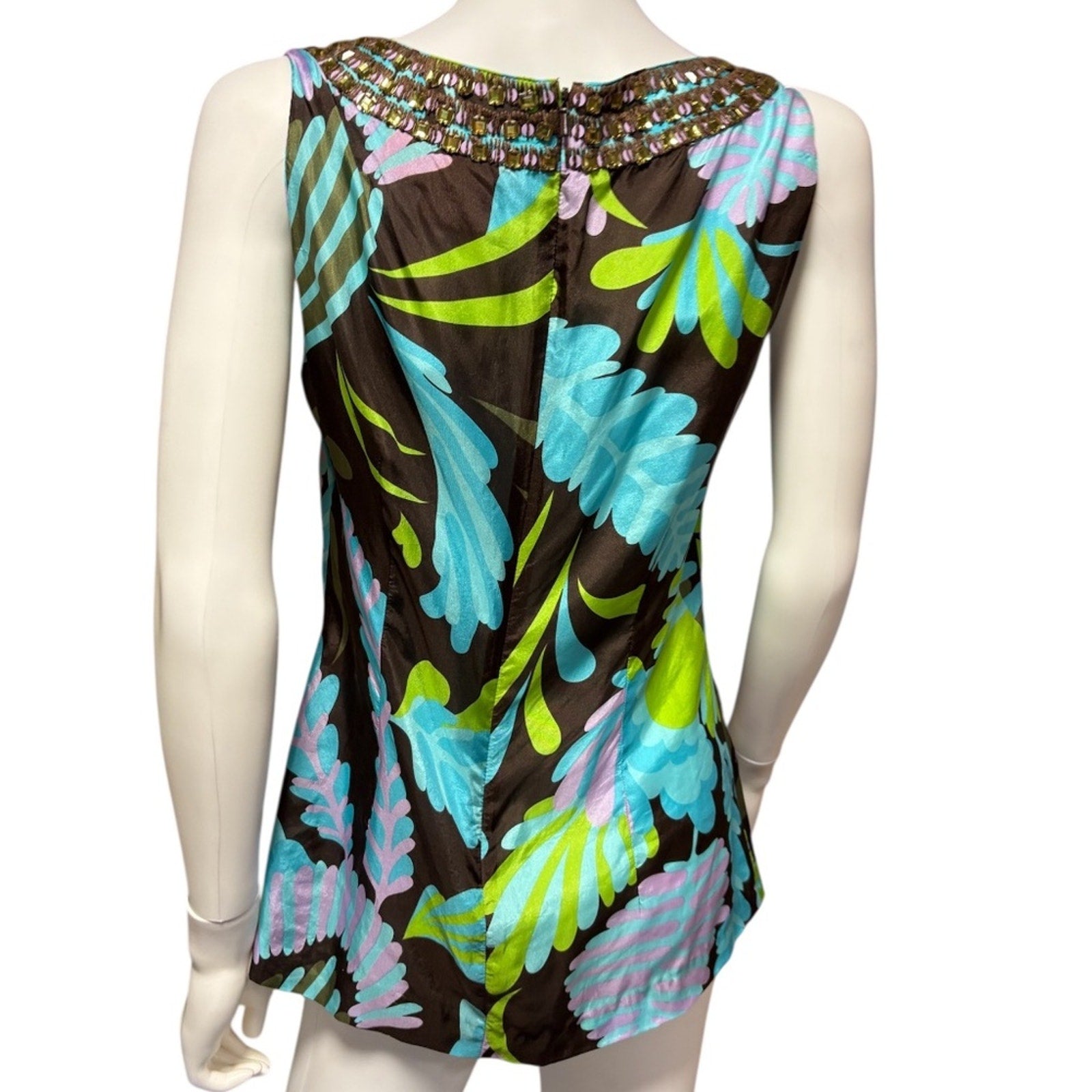 Tory Burch 100% Silk Tank Blouse Shirt Beaded Floral Tropical Green Blue -size 8