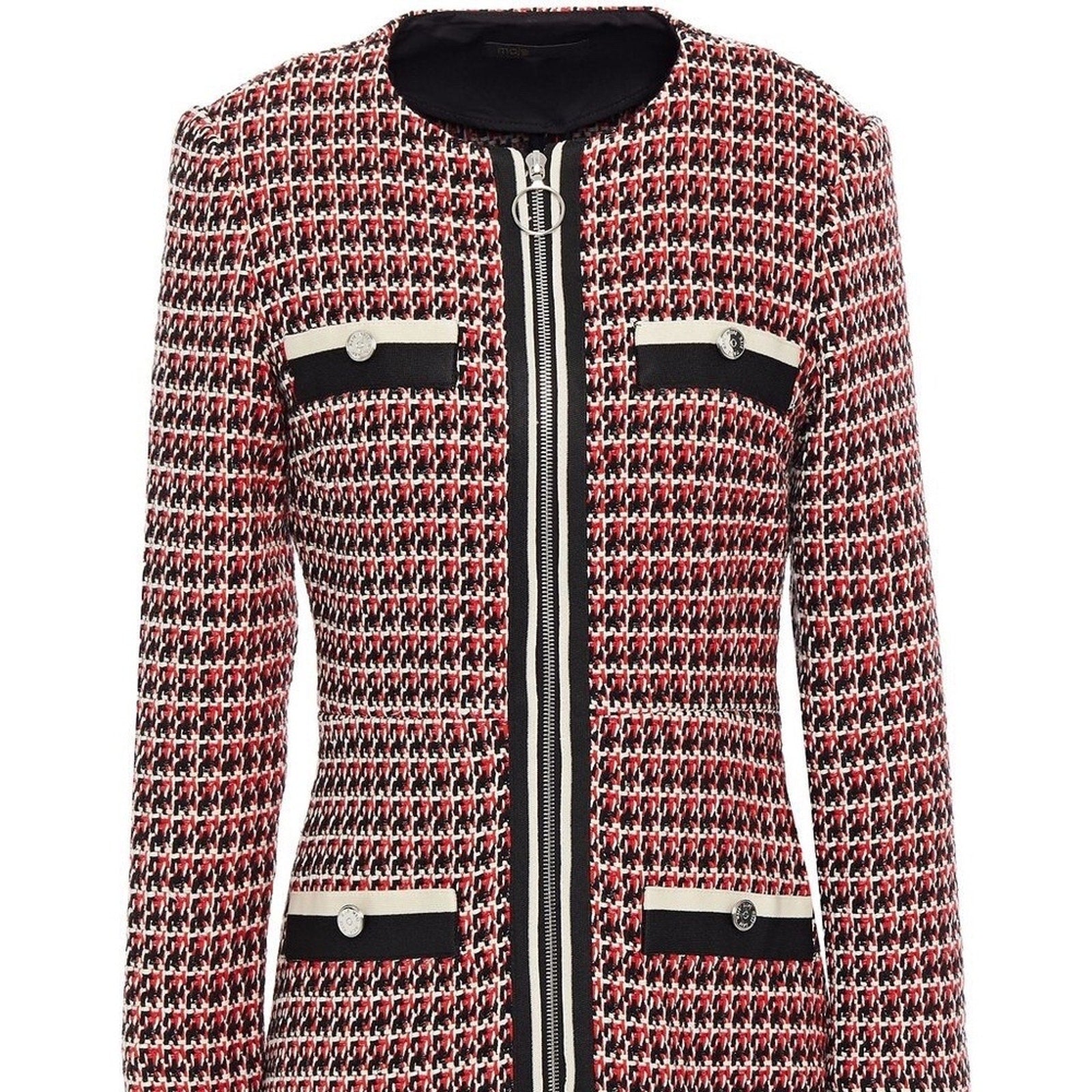 Maje Romane Tweed Dress NEW Red Black Full Zip Long Sleeve Mini - size 34