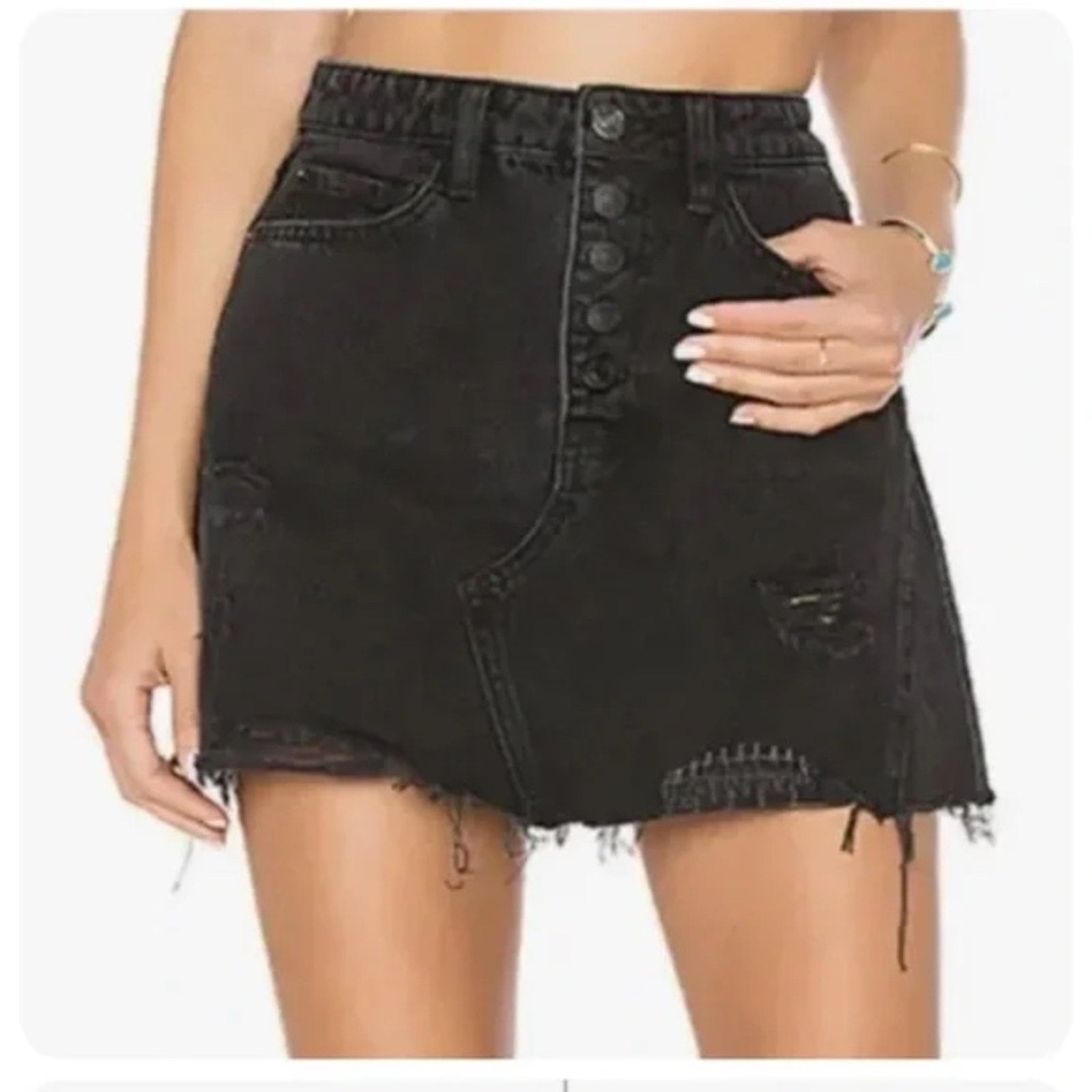 WE THE FREE Black Distressed Denim Mini Skirt - Button-Fly Closure - size 29