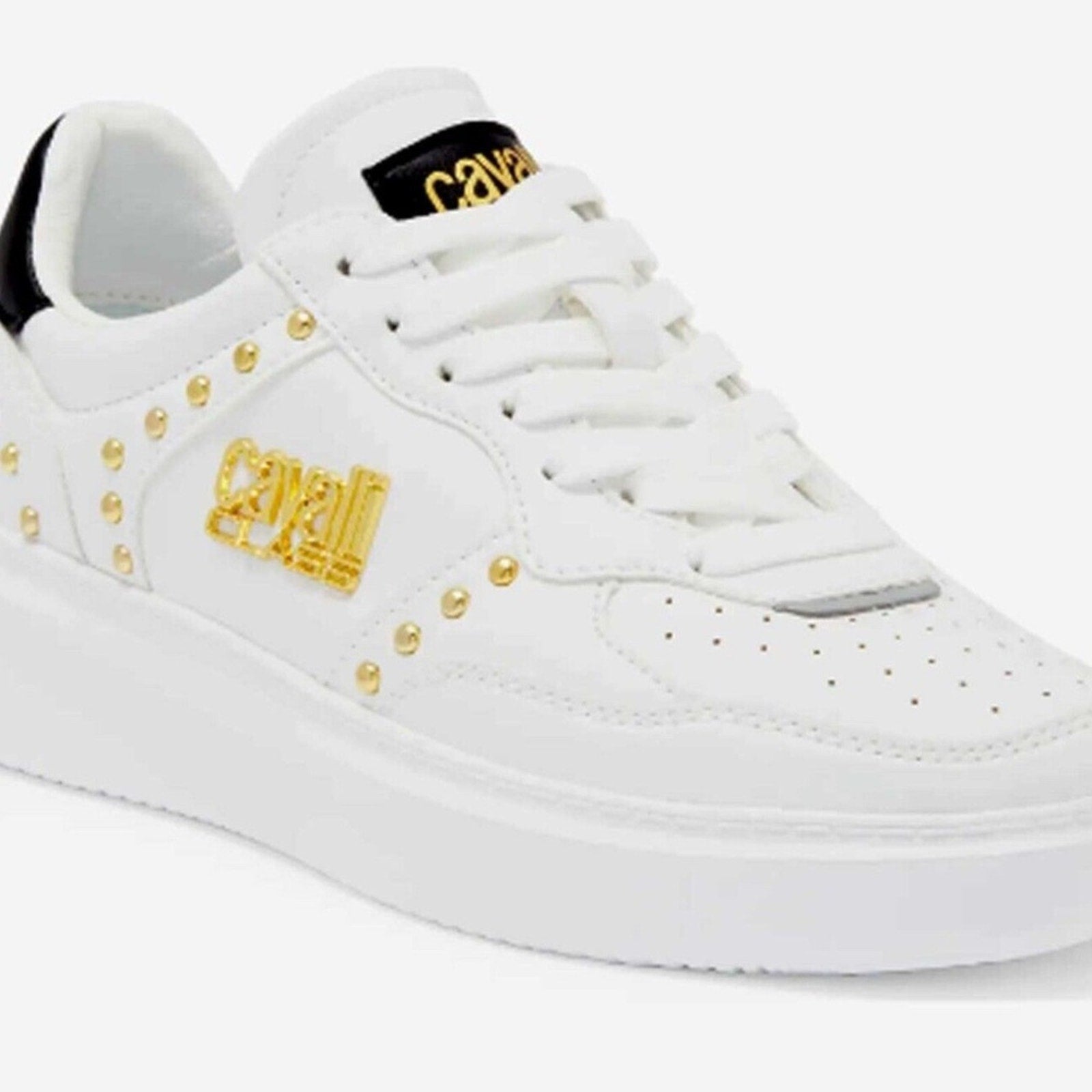 NEW Roberto Cavalli Studded Sneakers White Leather Tennis Athletic Shoes - sz 39