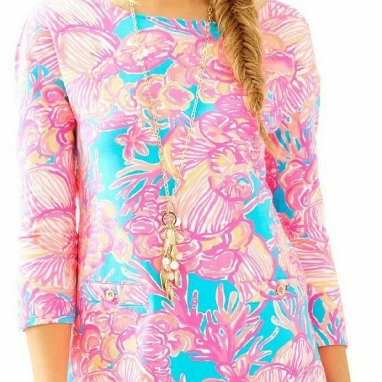 Lilly Pulitzer Lena Sparkling Blue Fan Tastic French Terry Tunic Dress - size XS