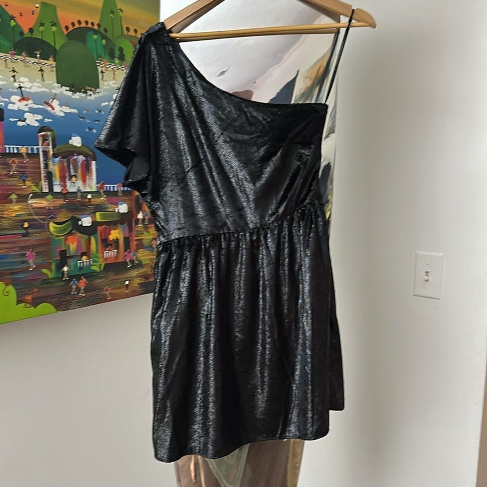 NEW 7 for All Mankind One Shoulder Metallic Velour Fit & Flare Dress