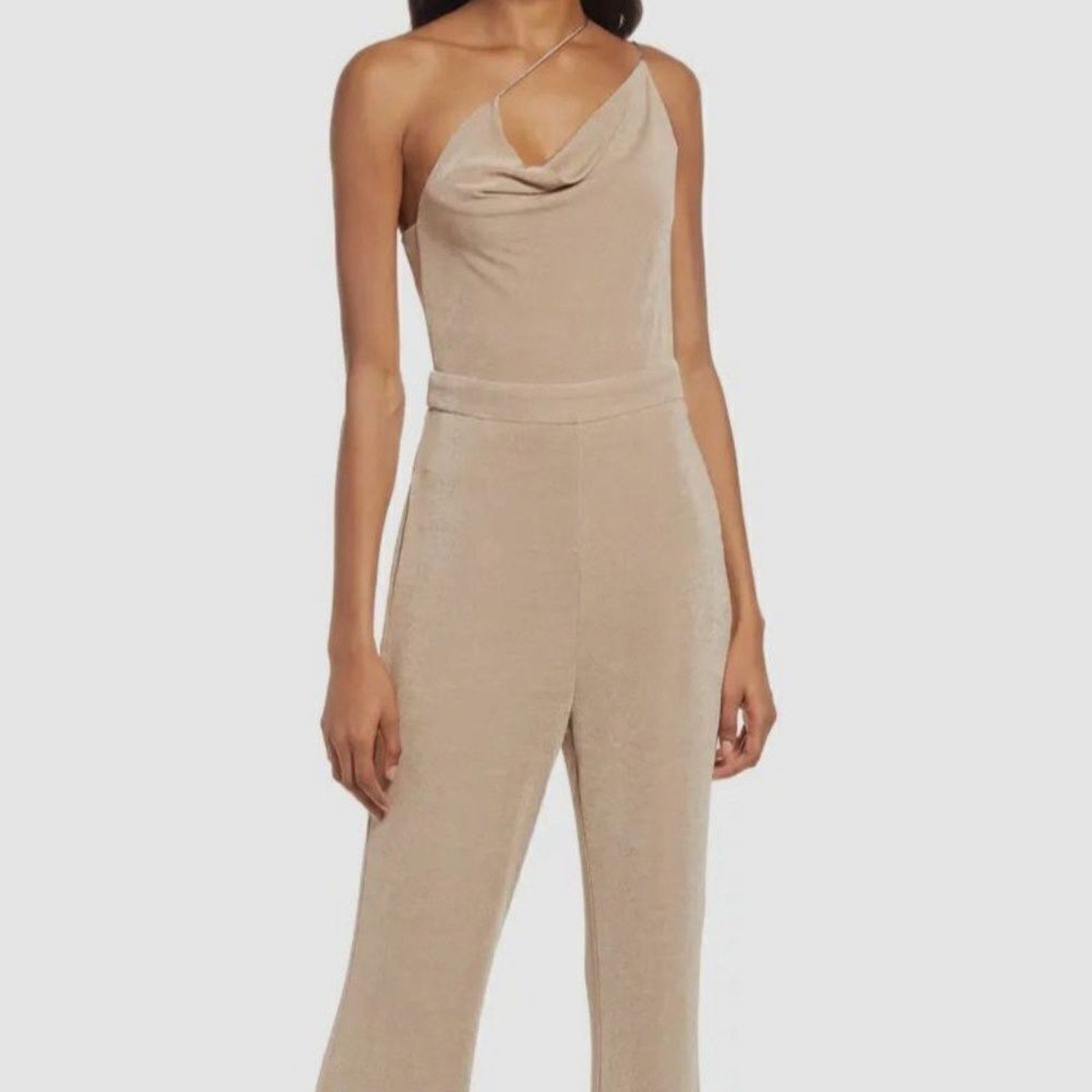NEW Misha Womens Brown Metallic Shoulder Strap Cowl Neck Jumpsuit - size 12