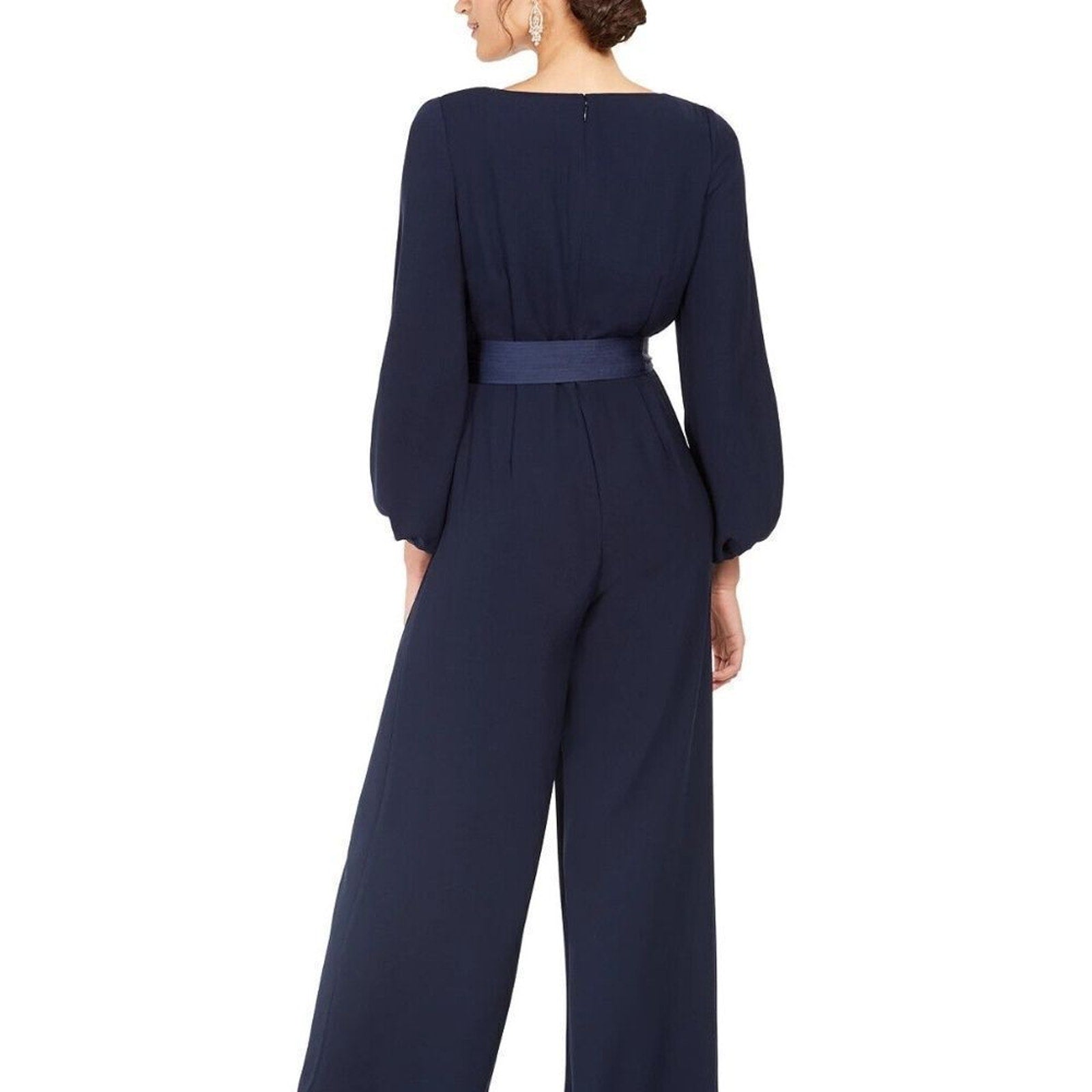 NEW ELIZA J BLOUSON 3/4 SLEEVE FAUX WRAP WIDE LEG NAVY JUMPSUIT - size 0