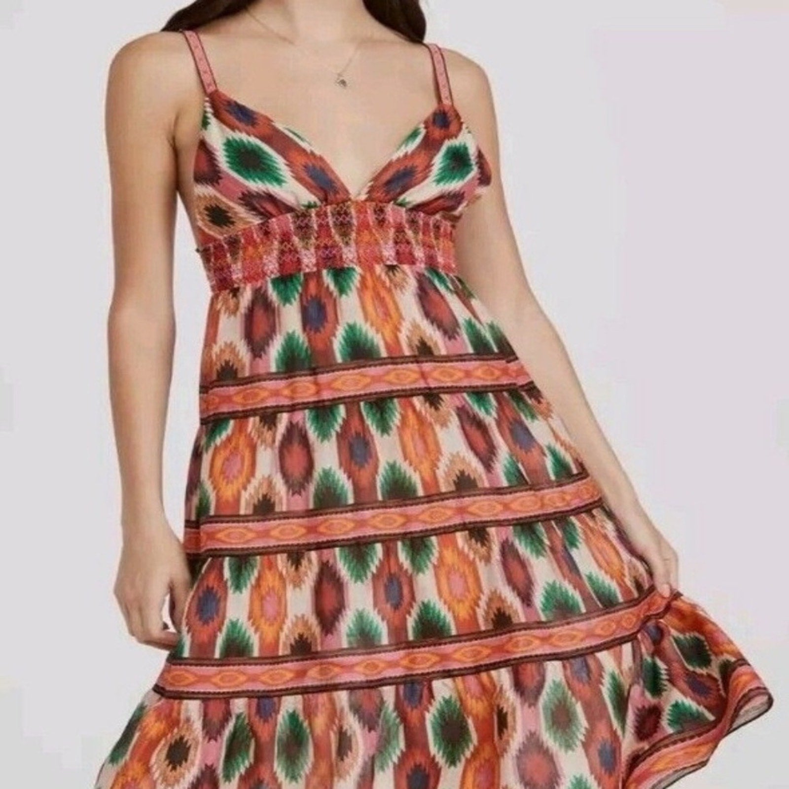 Alice + Olivia Santina Midi Dress V-neck Strap Tiered Cotton Silk - size XS