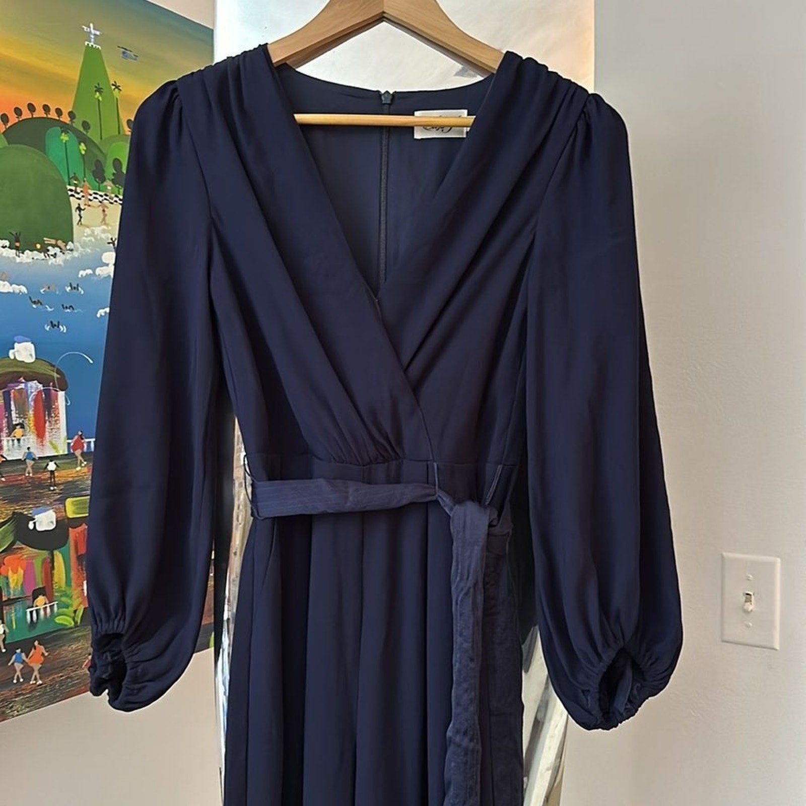 NEW ELIZA J BLOUSON 3/4 SLEEVE FAUX WRAP WIDE LEG NAVY JUMPSUIT - size 0