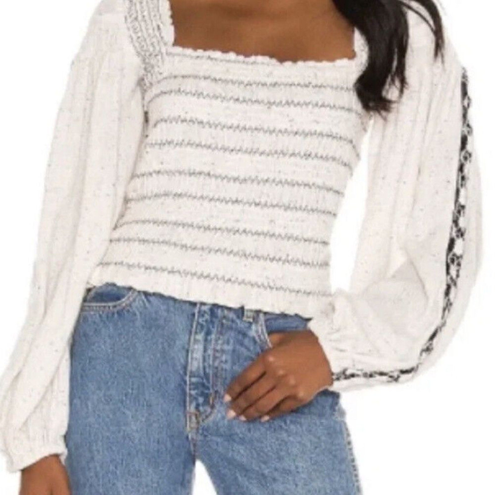 NWOT Free People Maggie Embroidered Top Crochet Long Sleeve Smocked Blouse - S