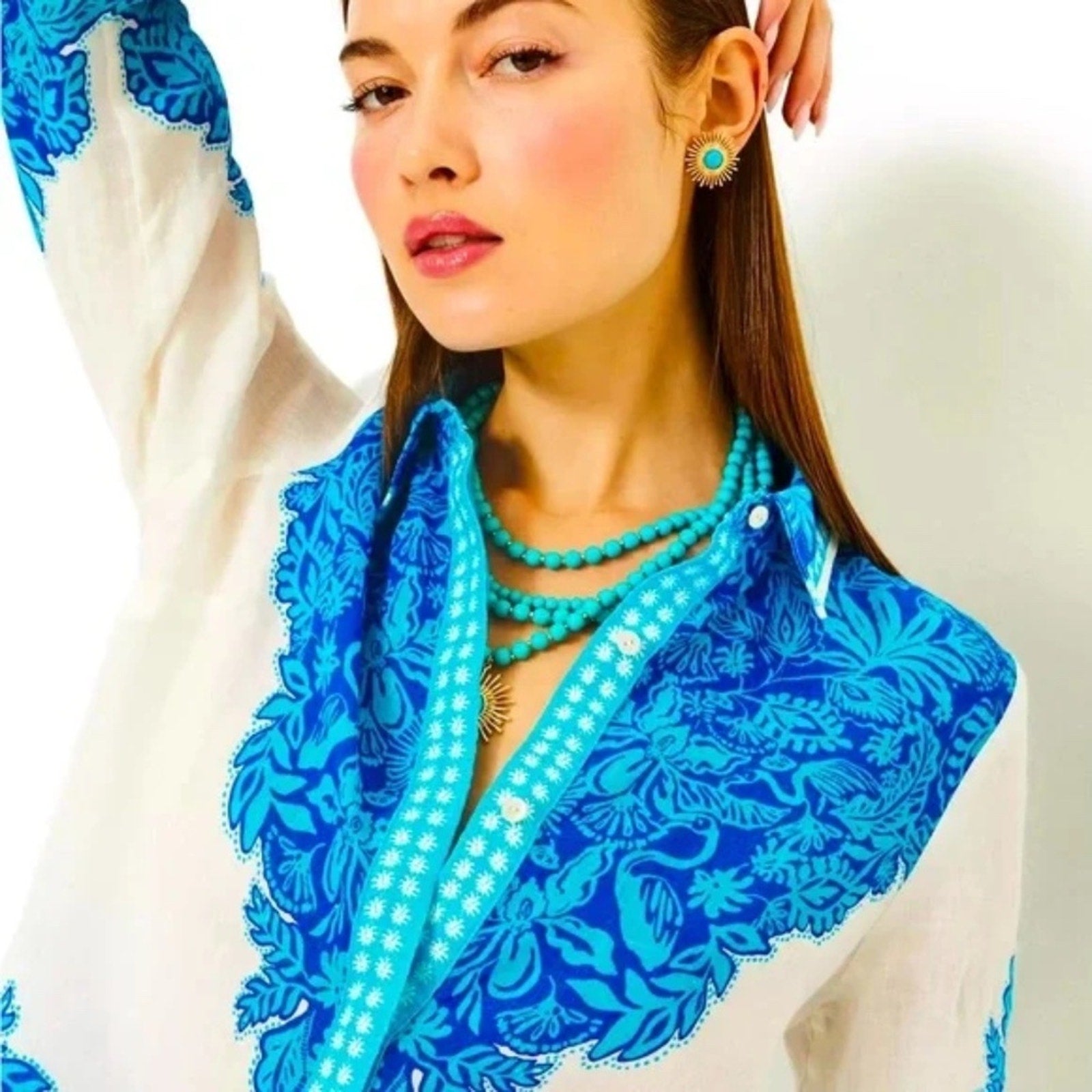 NEW Lilly Pulitzer Kiran Button Down Top Breezy Aqua Jungle Escape Engineer