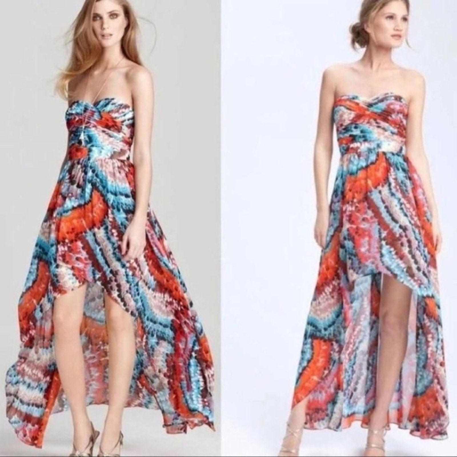 Aidan Mattox Feather Print High Low Strapless Dress Multicolor - size 8