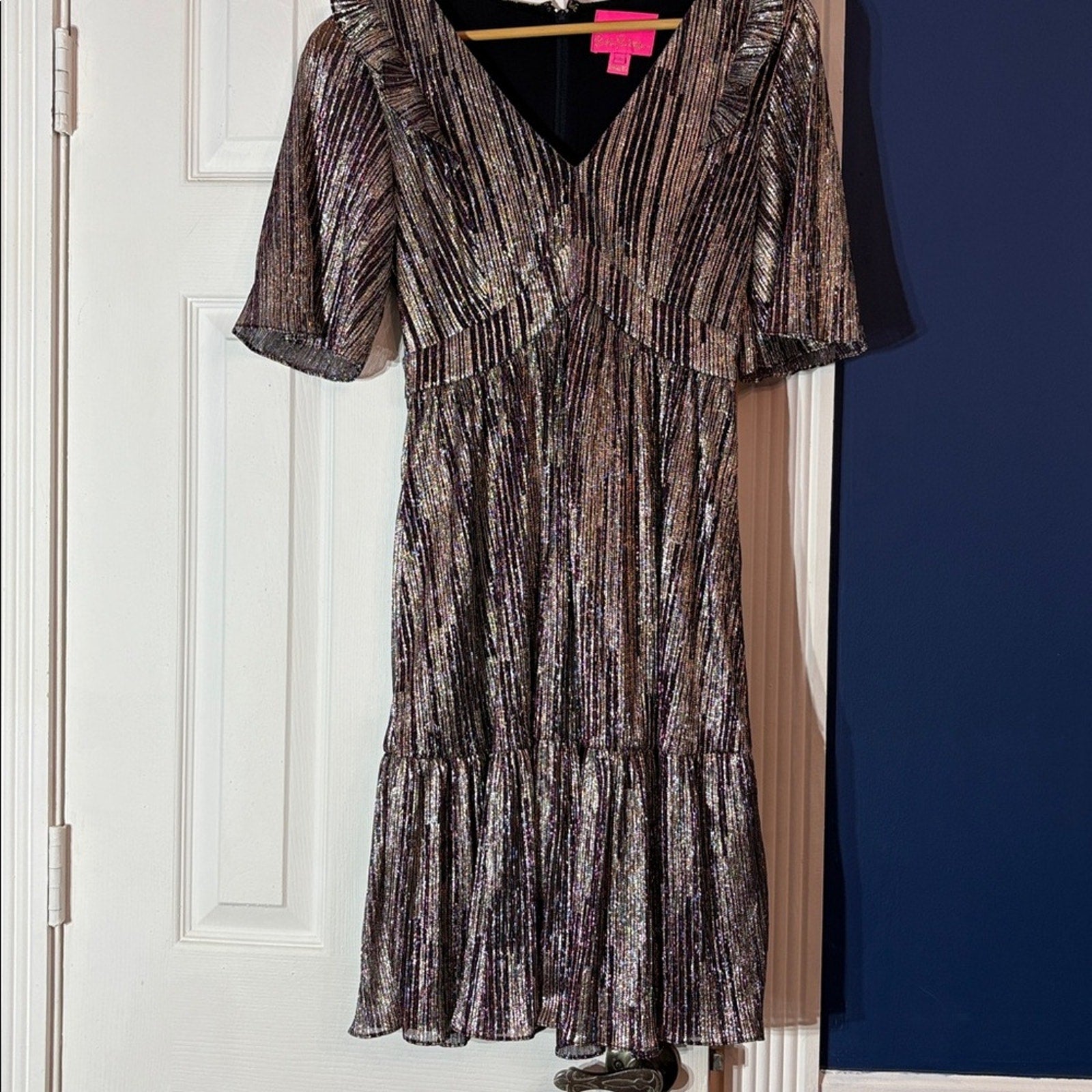 Lilly Pulitzer Racheli Crinkle Dress Gold Metallic Rope Stripe Berry - size 2