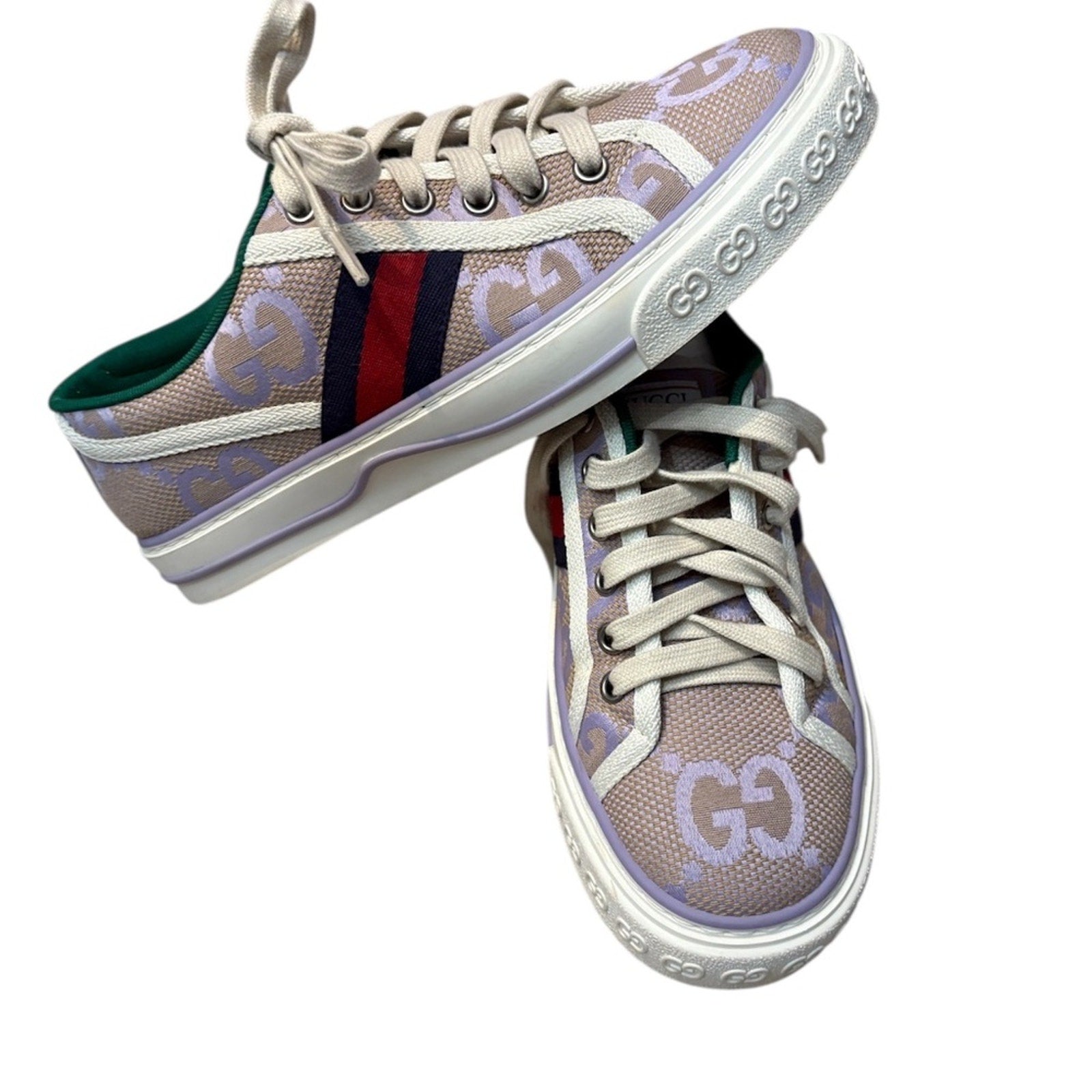 Gucci Z4403 Womens Beige Lilac Canvas Jumbo GG Tennis 1977 Sneakers - 7
