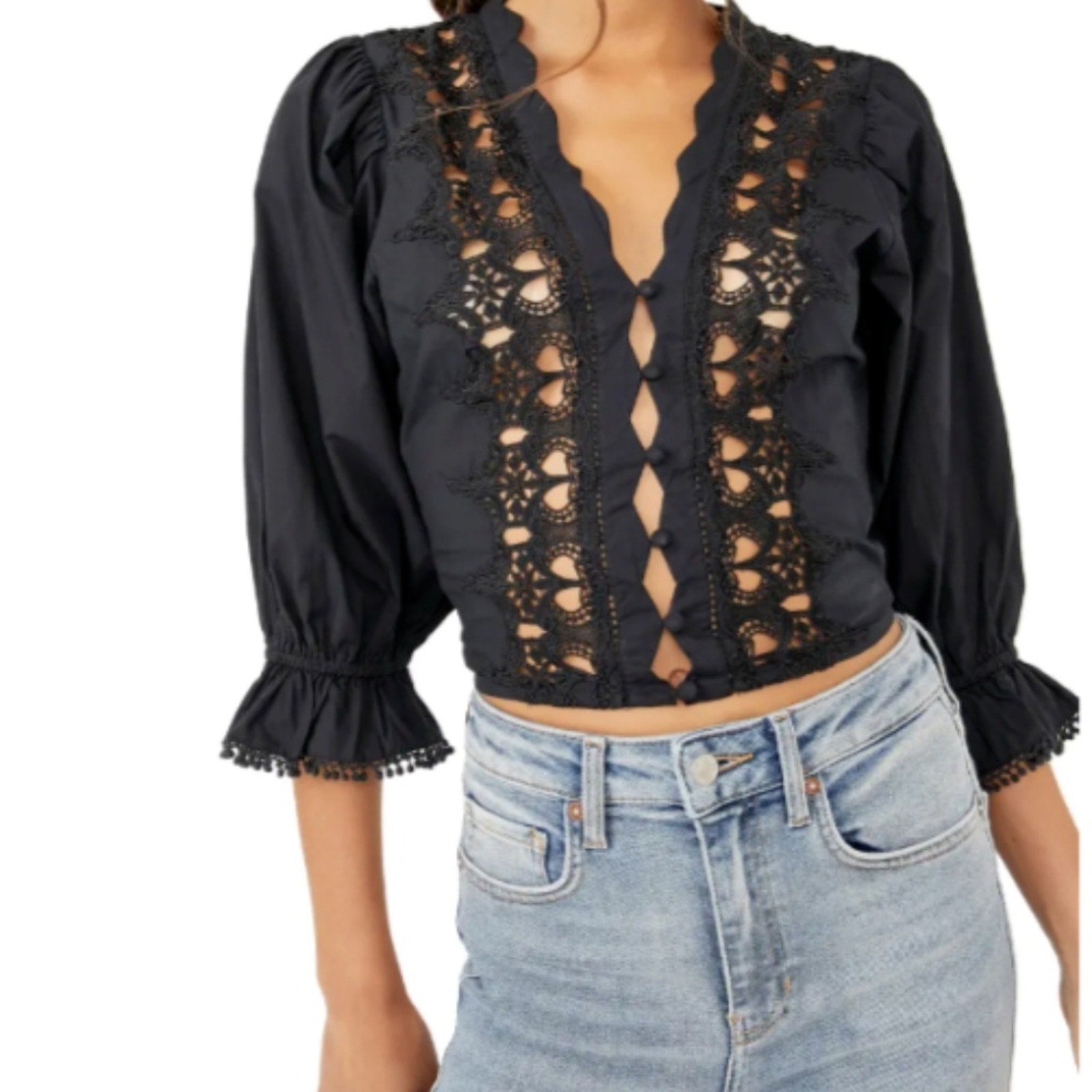 FREE PEOPLE Black Louella Embroidered Smocked Cut-out V-Neck Crop Top M