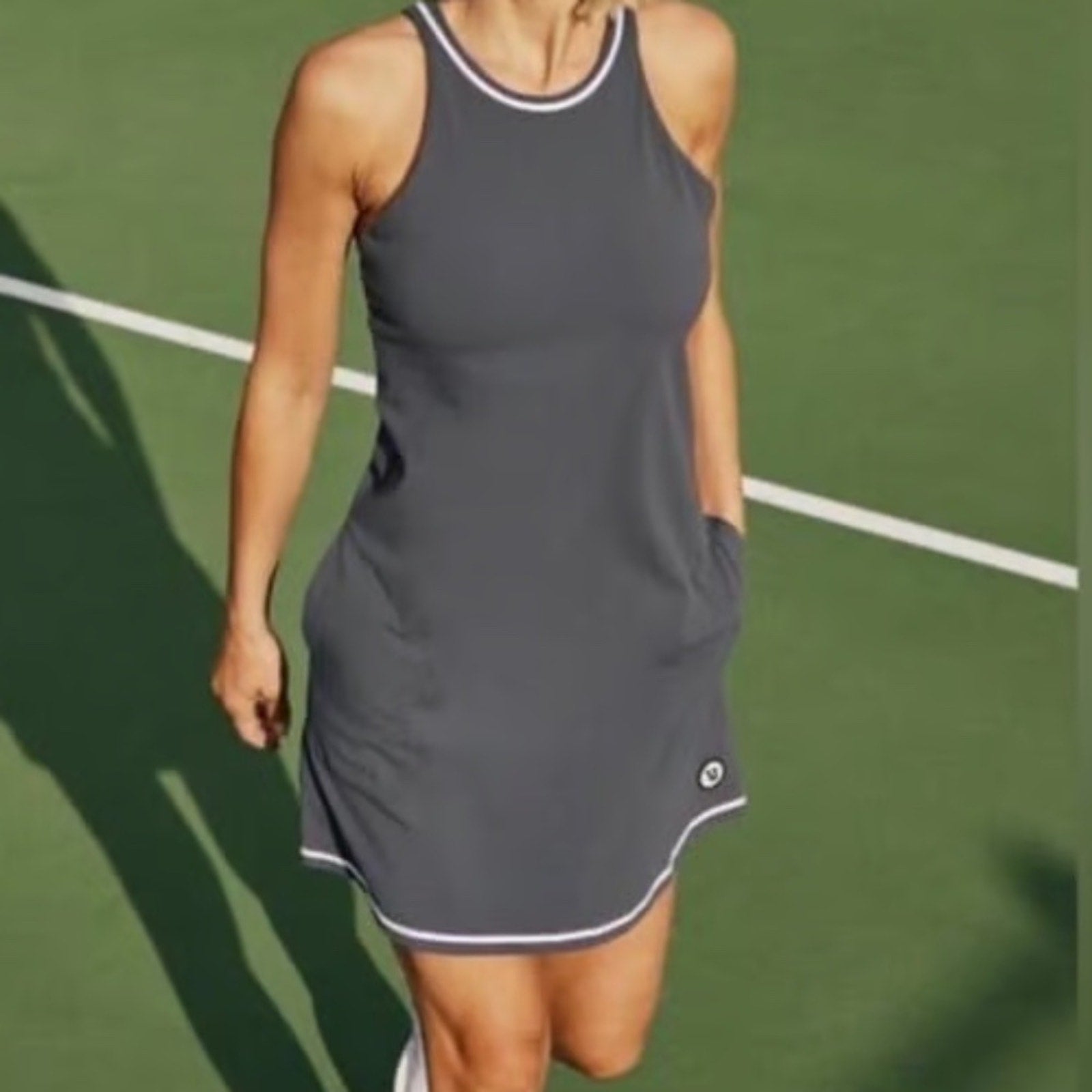 NEW Vuori Grey White Stripe Stretch Volley Athletic Mini Tennis Dress - size L