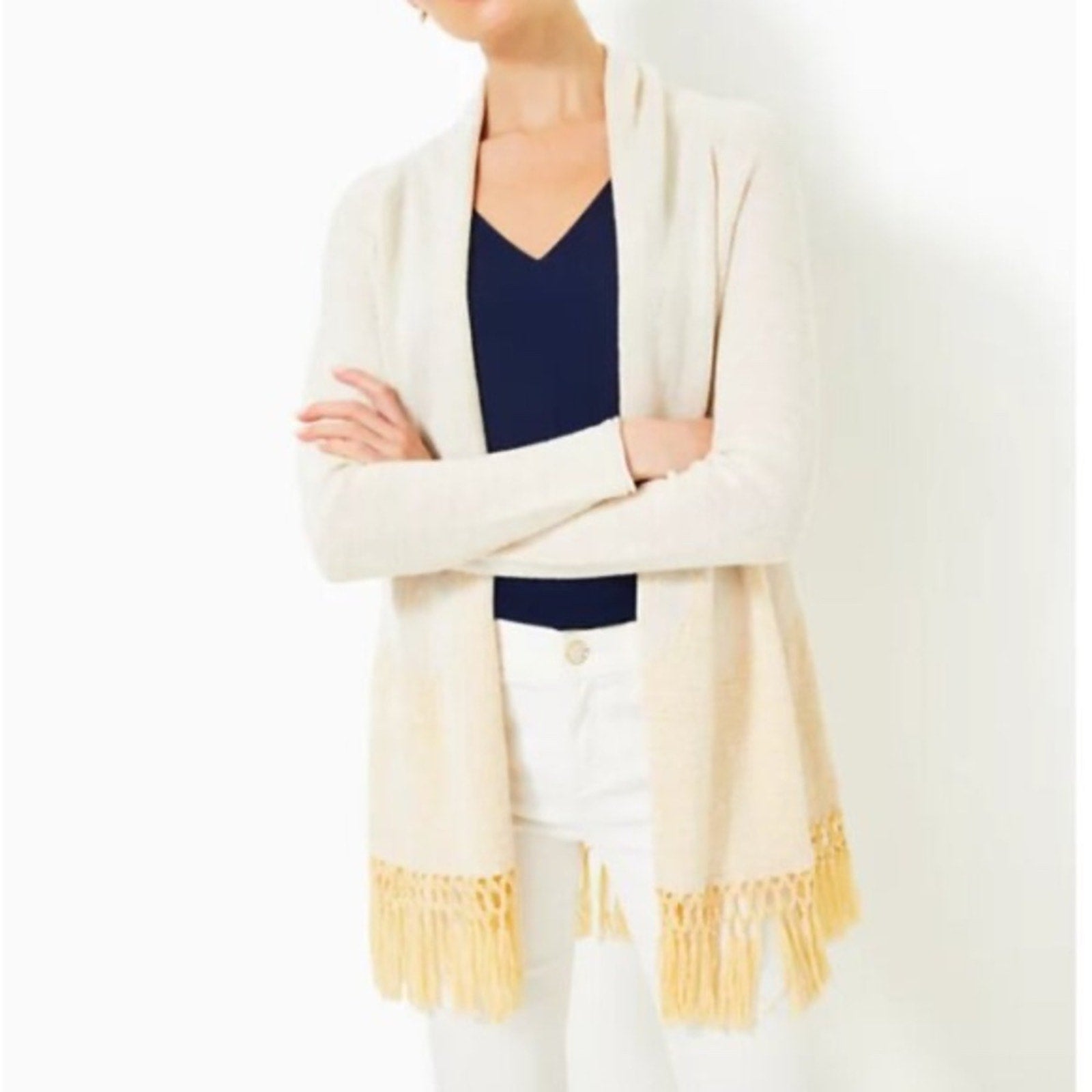 LILLY PULITZER TATUM LONG FRINGE HEM CARDIGAN LONG SLEEVE METALLIC GOLD - size M