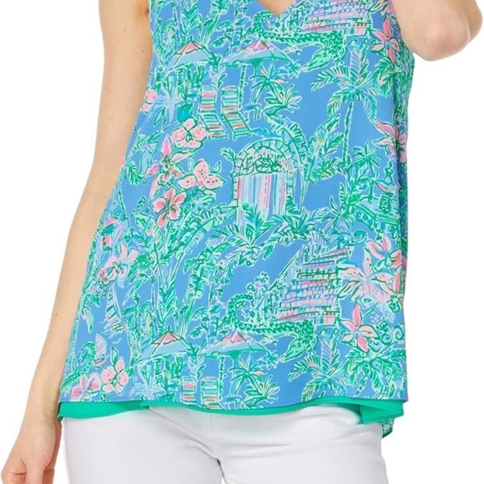 Lilly Pulitzer Reversible Florin Top Boca Blue Beneath Bougainvillea - size M