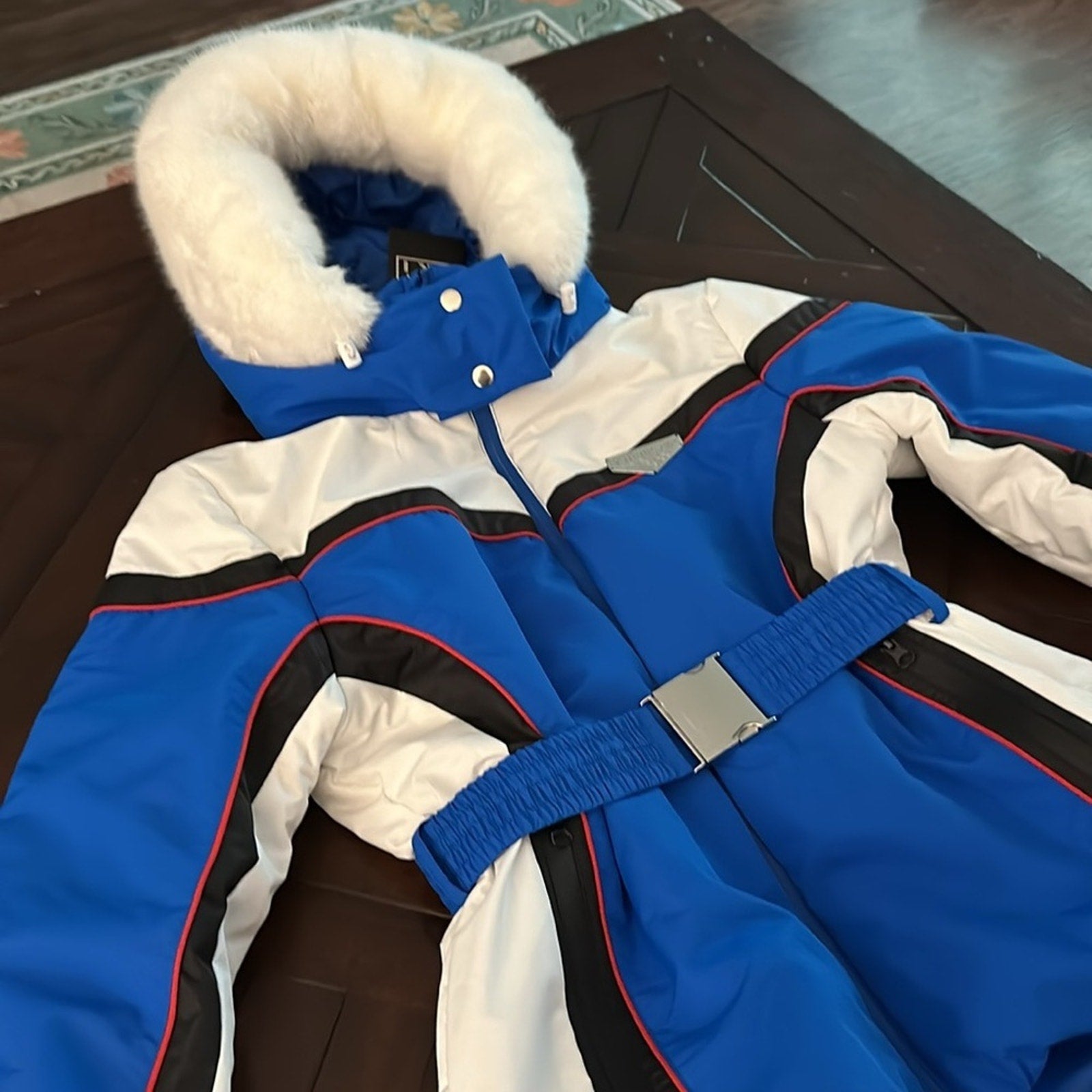 PRETTYLITTLETHING SKI Blue And White Faux Fur Hooded Belted Jacket - size 6