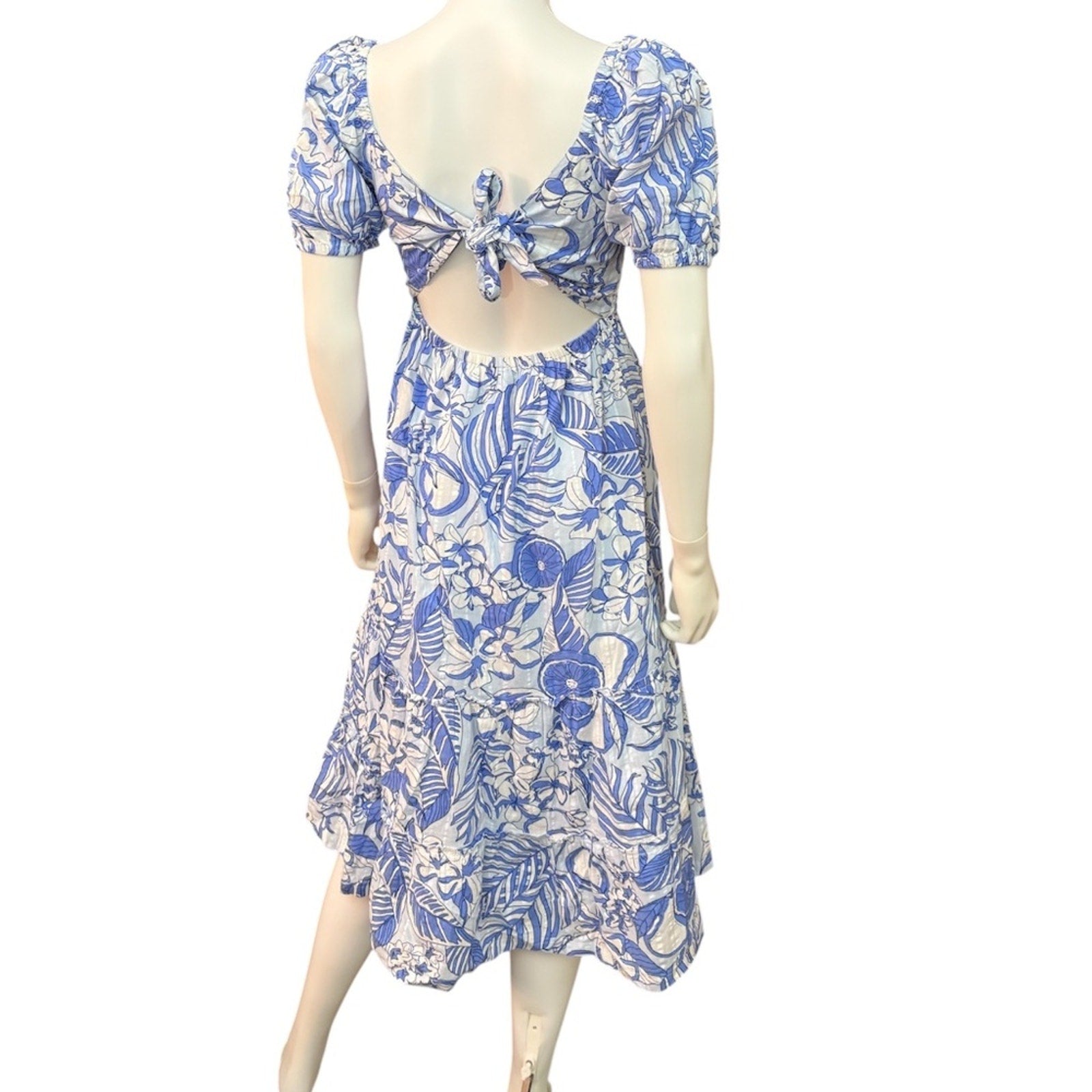 Vineyard Vines Blue White Smocked Puff Sleeve Midi Dress Open Back Size XS