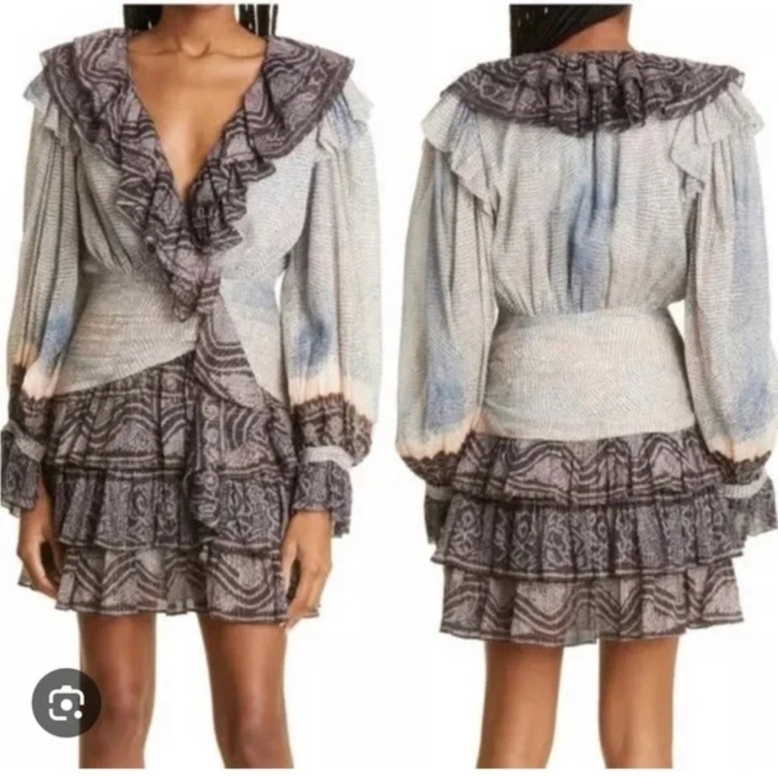 NWT Ulla Johnson Sara Moonstone Metallic Lurex Long Sleeve Ruffled Dress - 12