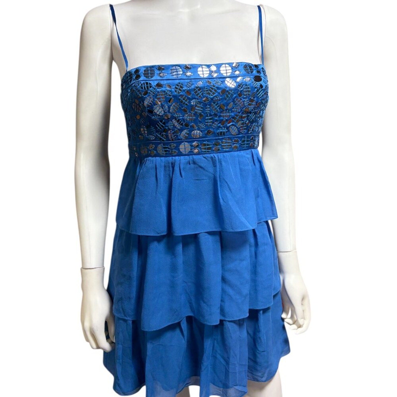 BCBG Maxazria Larkspur Blue Chiffon Beaded Paillette Bust Slip Dress - 8