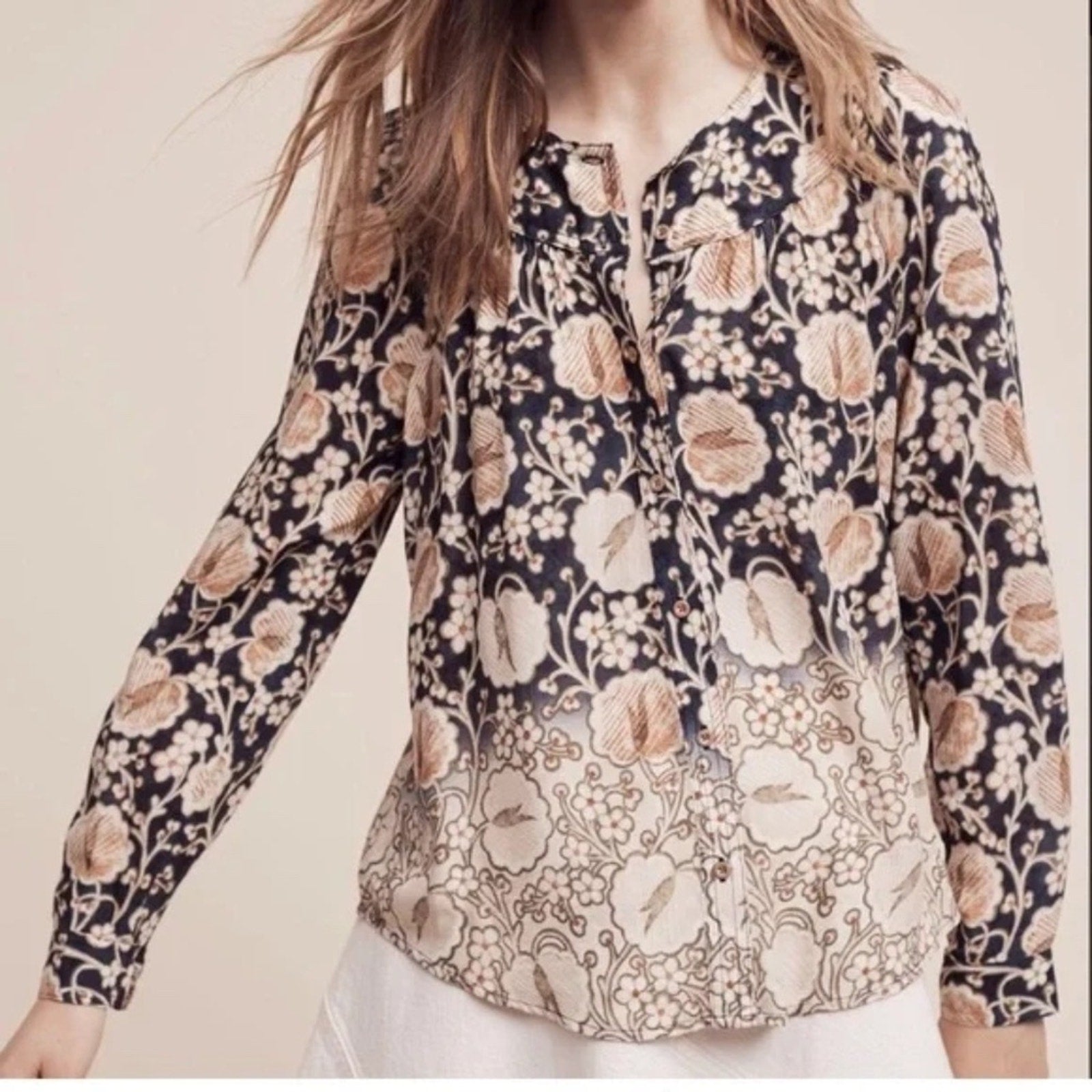 Maeve Anthropologie Floral Button Front Tulip Dip Dyed Blouse Top Sz Small