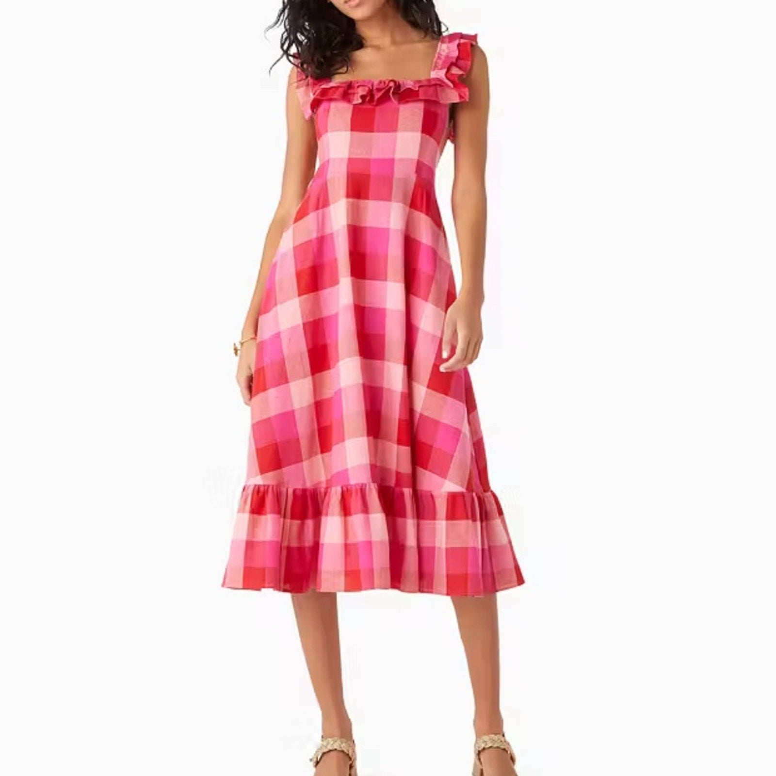 Kate Spade Deep Hibiscus Multi Picnic Woven Ruffle Midi Dress - size small