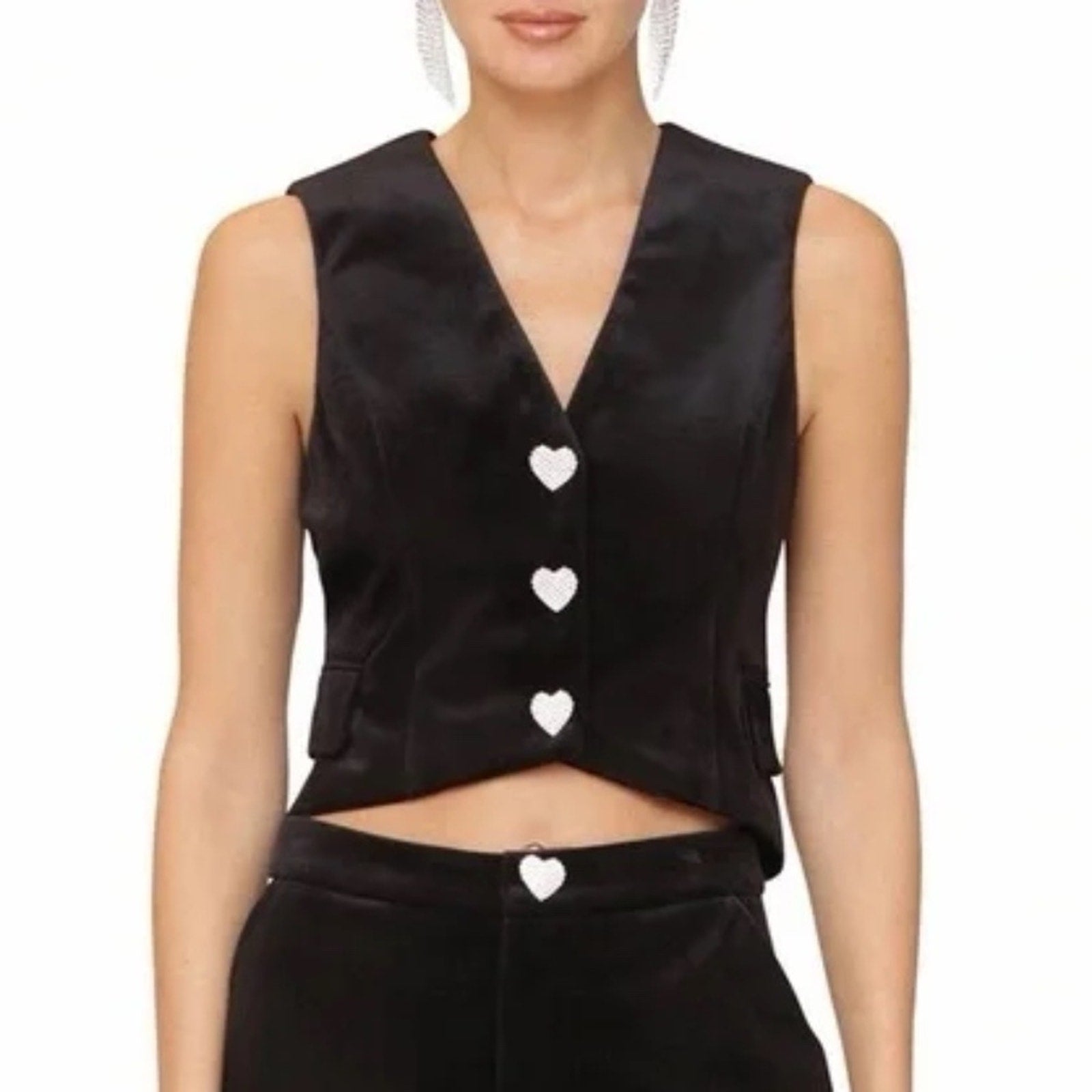 NWT Avec Les Filles Velvet Vest Rhinestone Heart Snap Buttons - size small