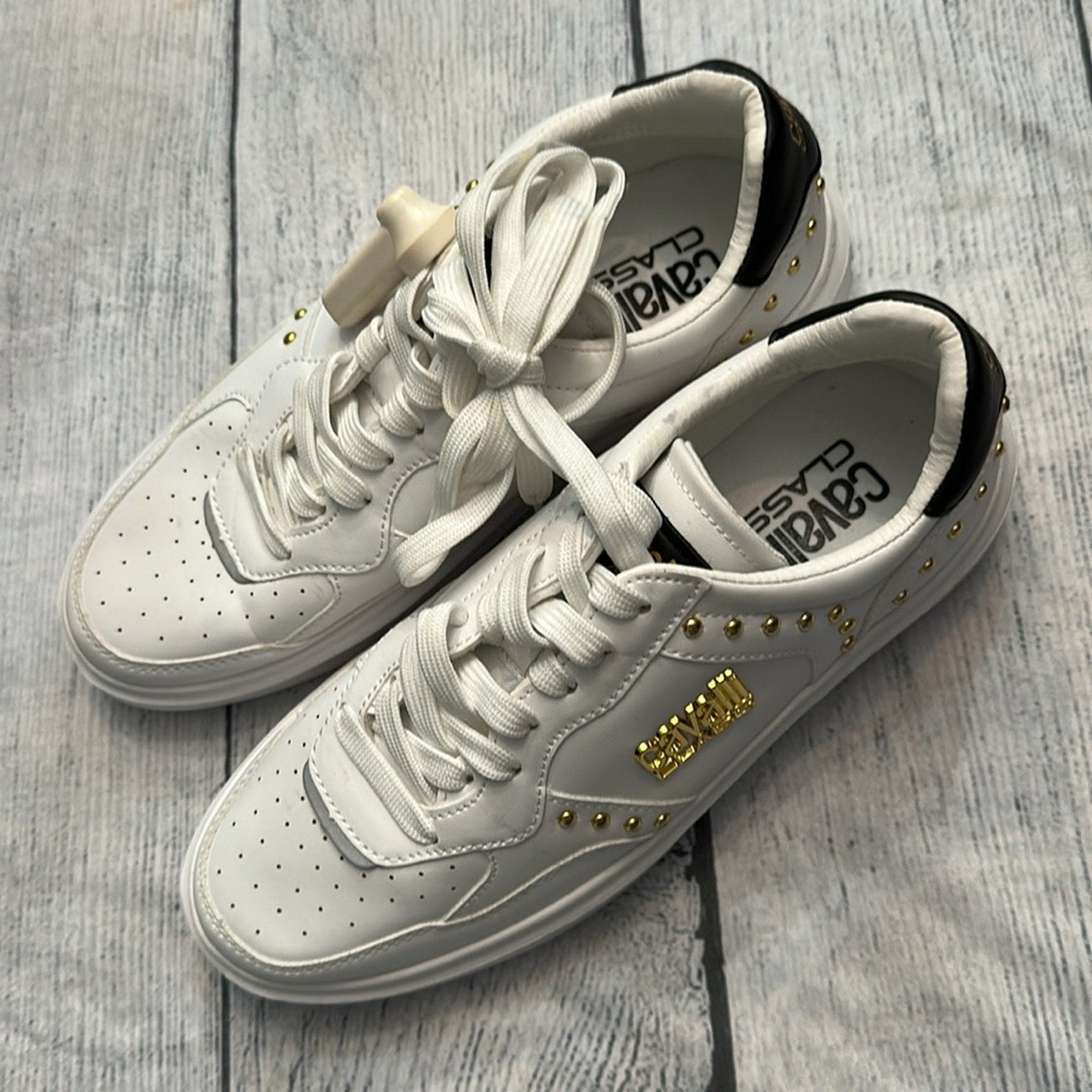 NEW Roberto Cavalli Studded Sneakers White Leather Tennis Athletic Shoes - sz 39