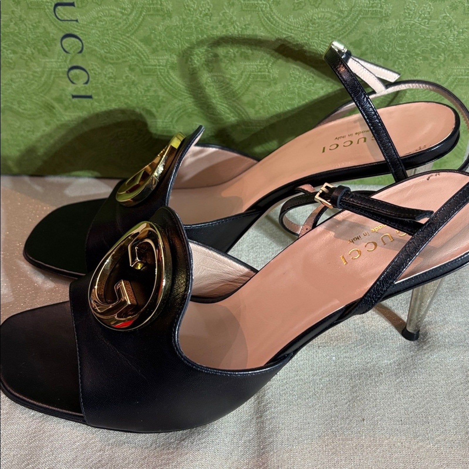 Gucci Blondie Heels Sandals Shoes Black Leather - 38 1/2