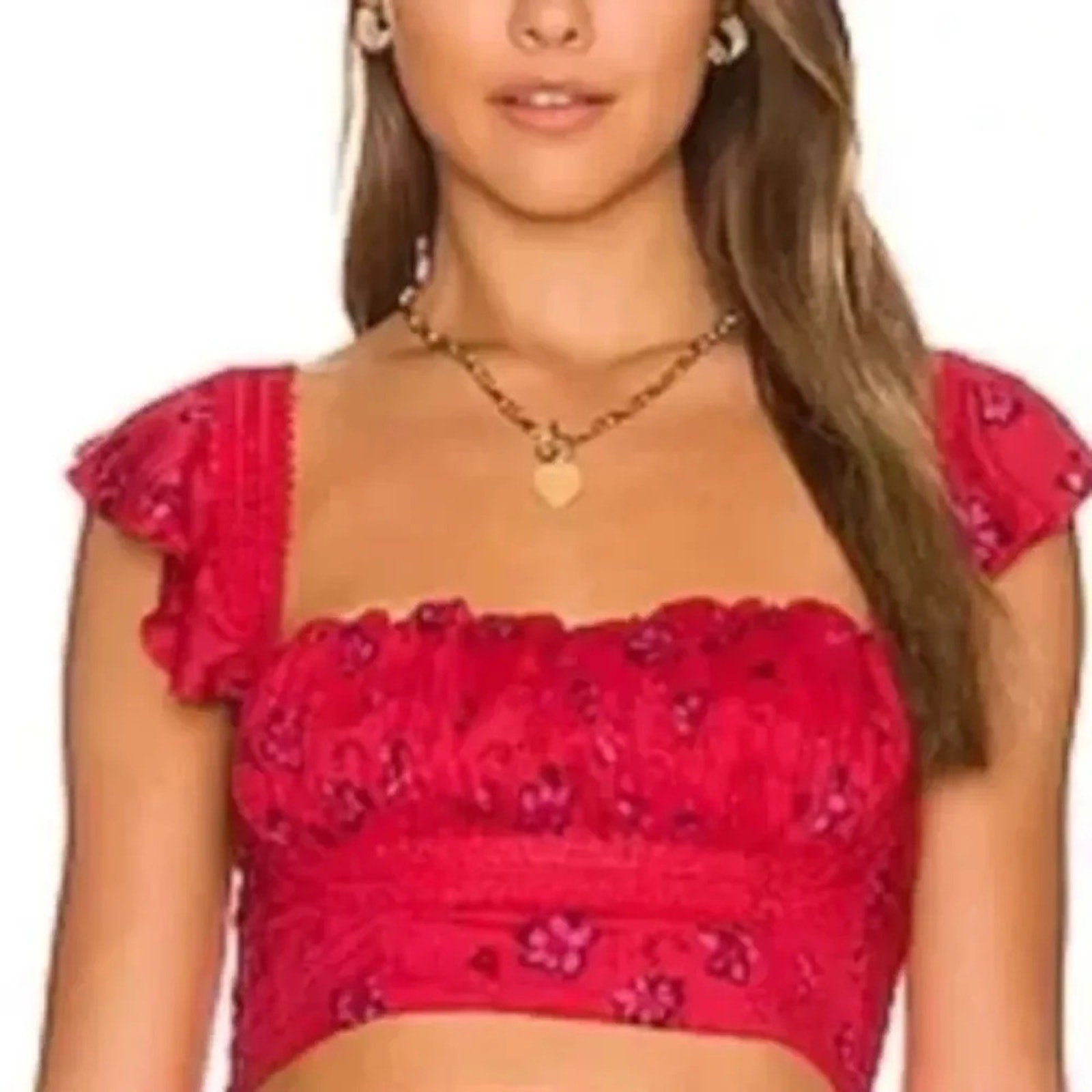 NEW Free People Bijou Crop Top in Cherry Combo Red Smocked - size 10