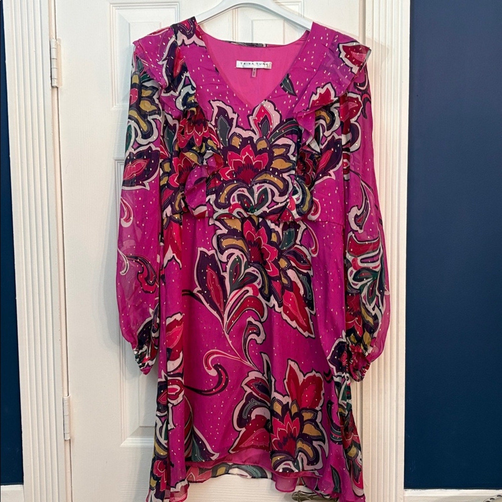 Trina Turk Womens Pink Silk Ruffled Long Balloon Sleeve A Line Dress -size small