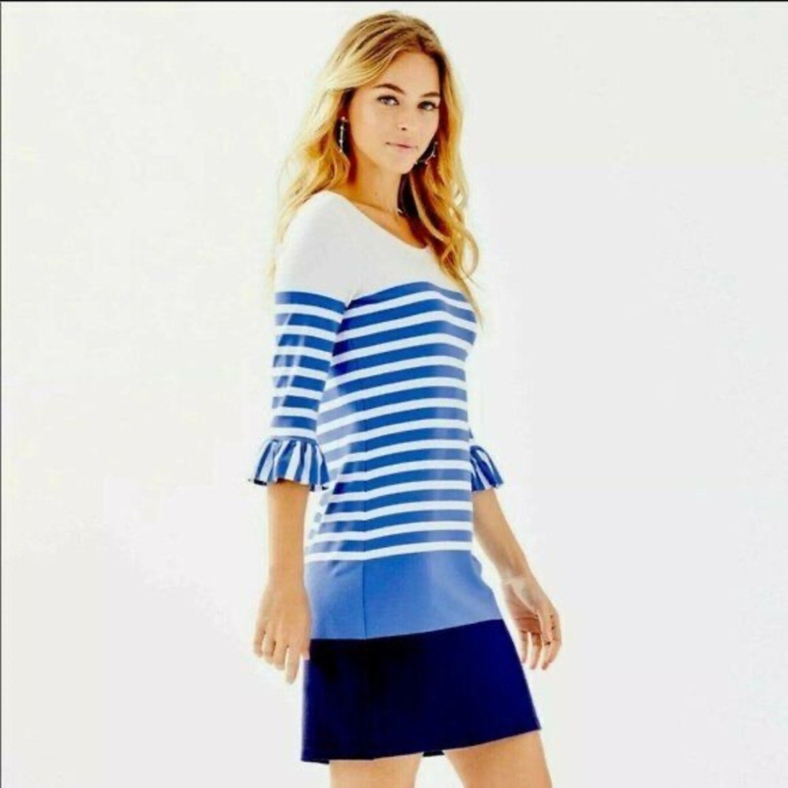 Lilly Pulitzer Sophie Blue Striped Ruffle Bell Sleeve Knit Dress - size XS